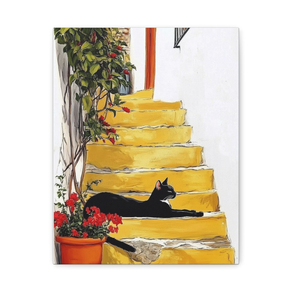 Black Cat on Yellow Steps Canvas Art Print, Whimsical Home Decor, Gift for Cat Lovers, Wall Art, Cozy Vibe, Pet Memorable Art
