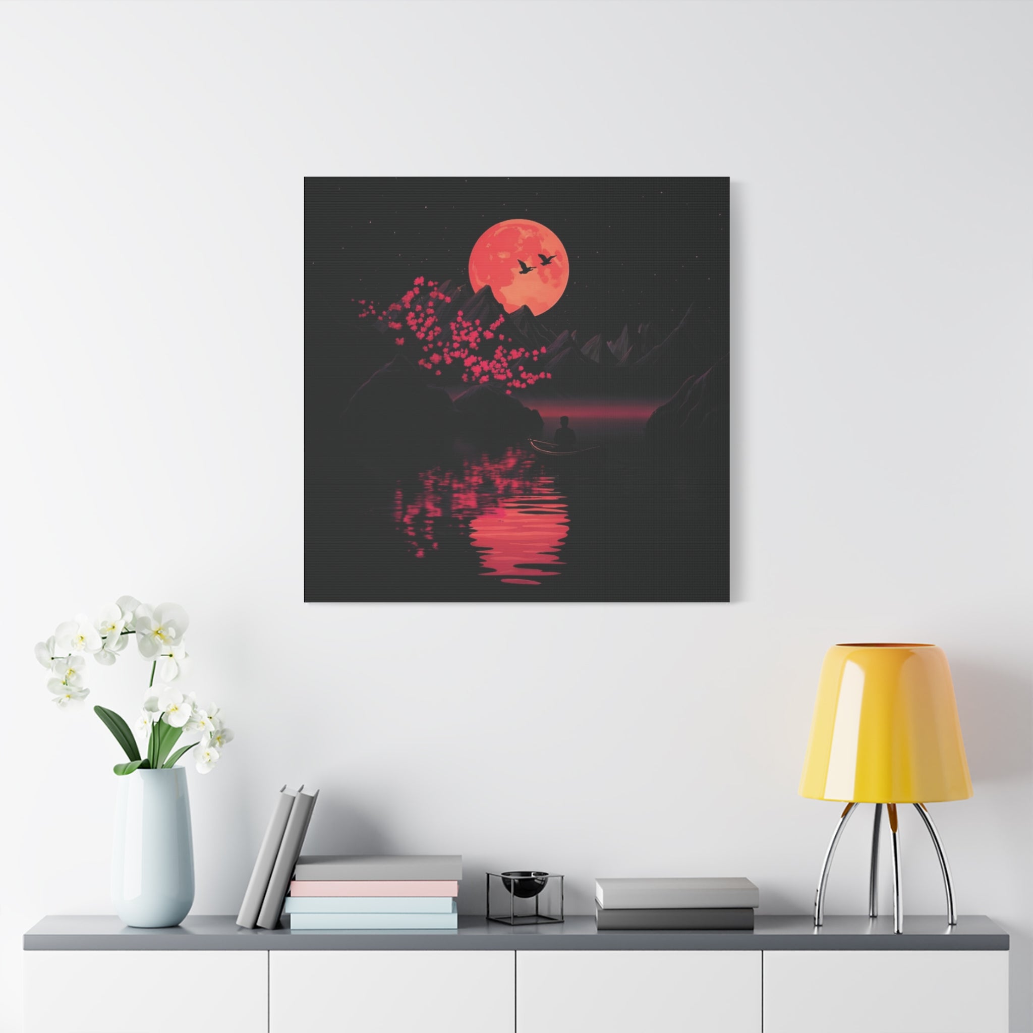 Moonlit Sakura Canvas Wall Art — Red Moon Reflection Matte Stretched Print