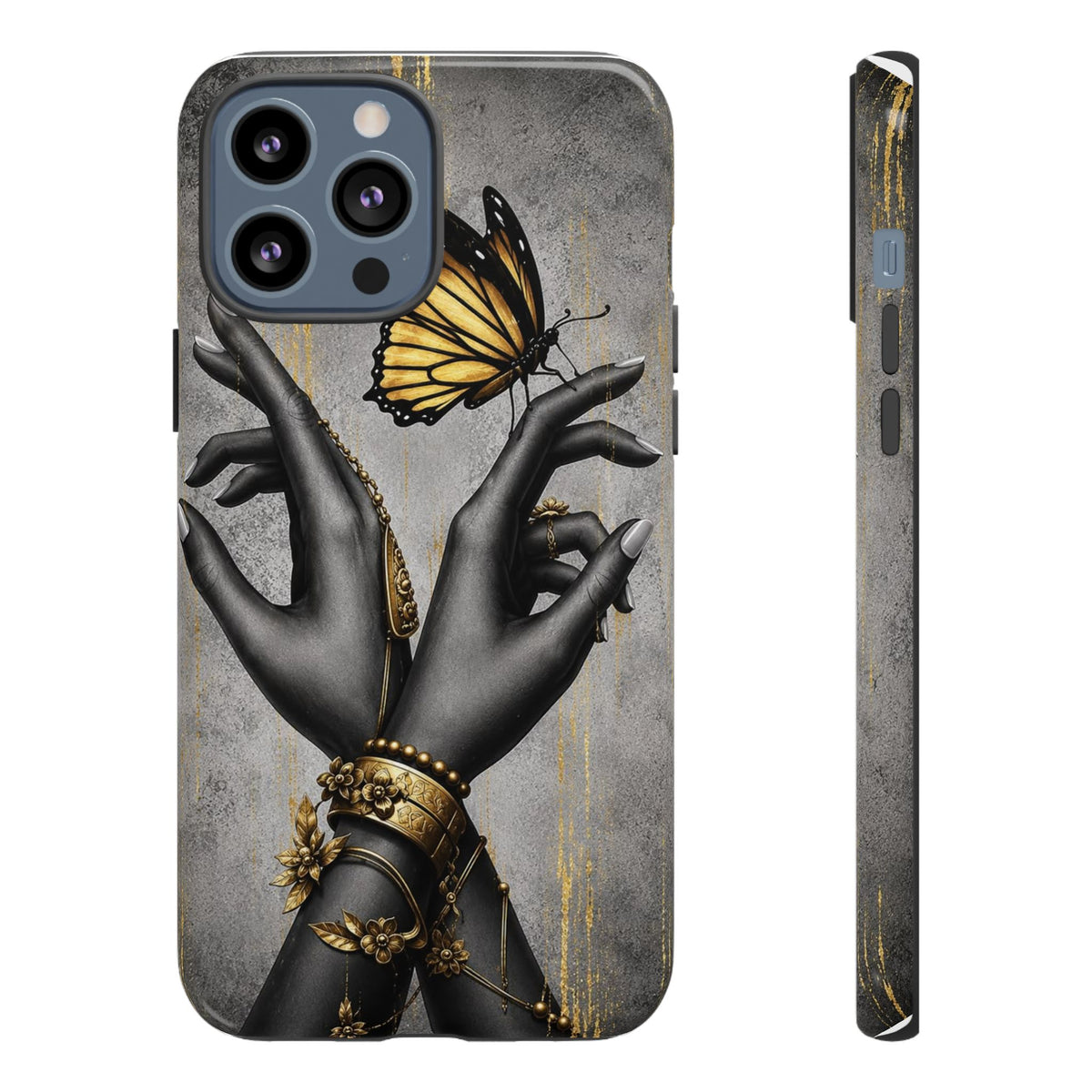 Artistic Black Hands & Golden Butterfly Phone Case – Protective Tough Case