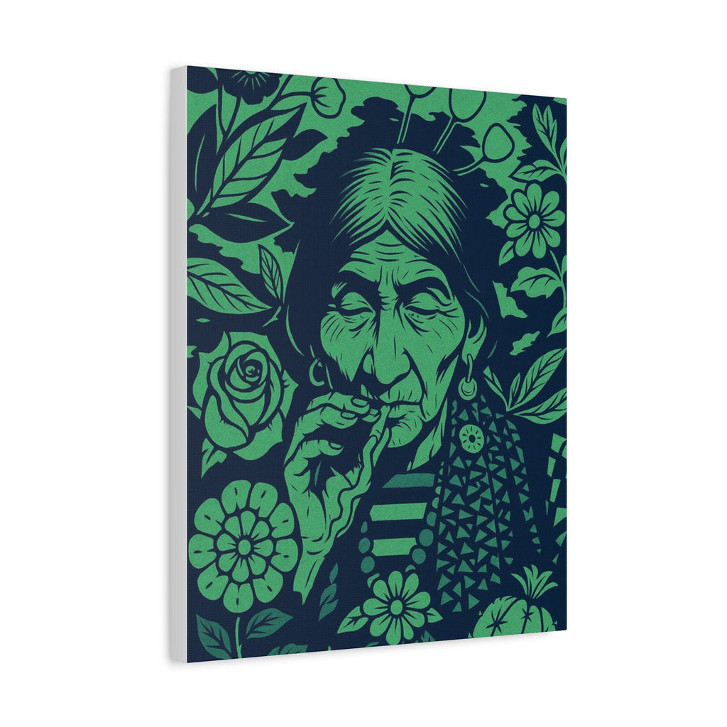 Vintage Smoking Woman Art Canvas — Green Floral Stretched Wall Art