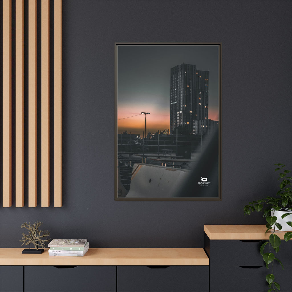 Framed Matte Canvas Print — Urban Sunset High-Rise Photography