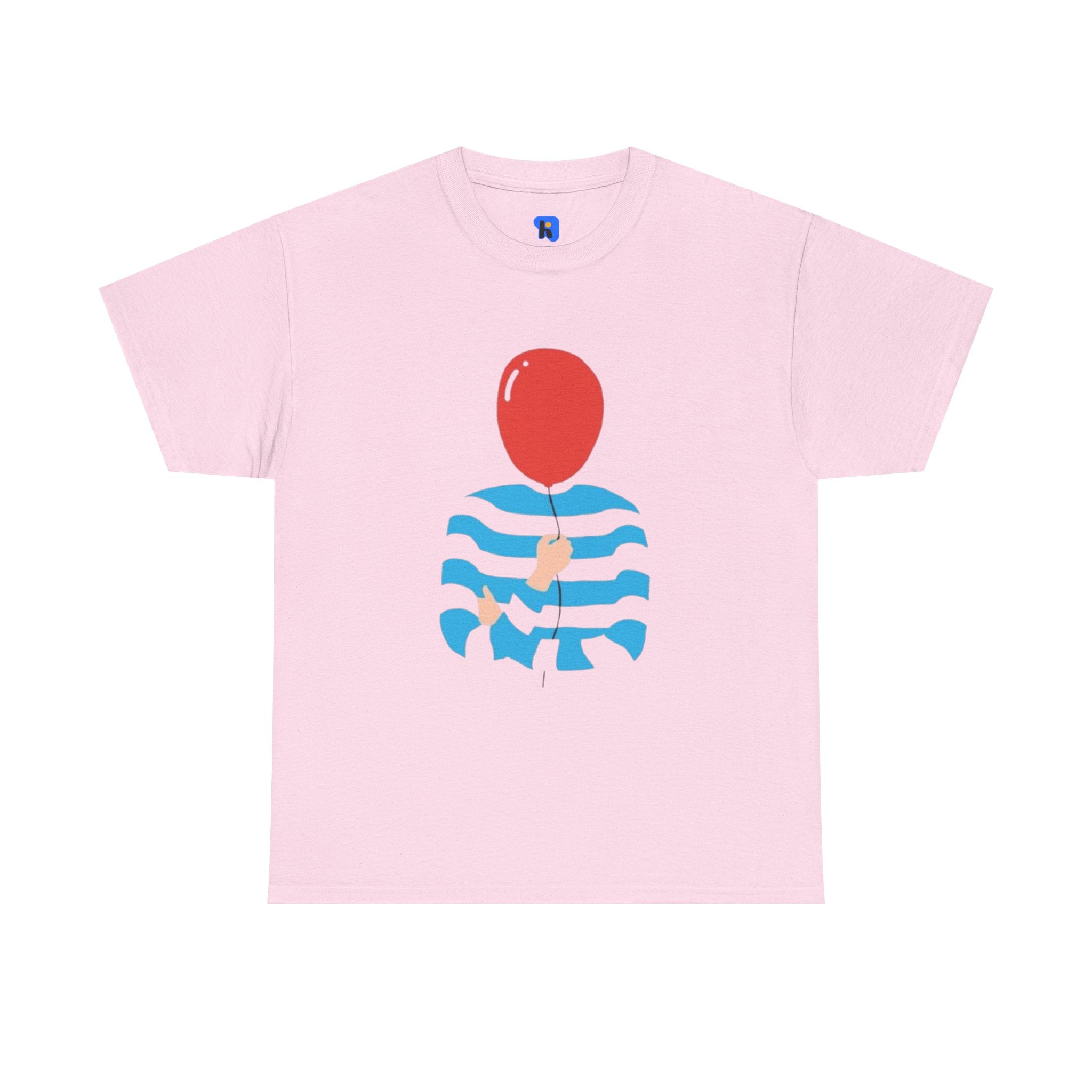 Striped Sweater Balloon Tee — Minimalist Red Balloon Graphic T-Shirt
