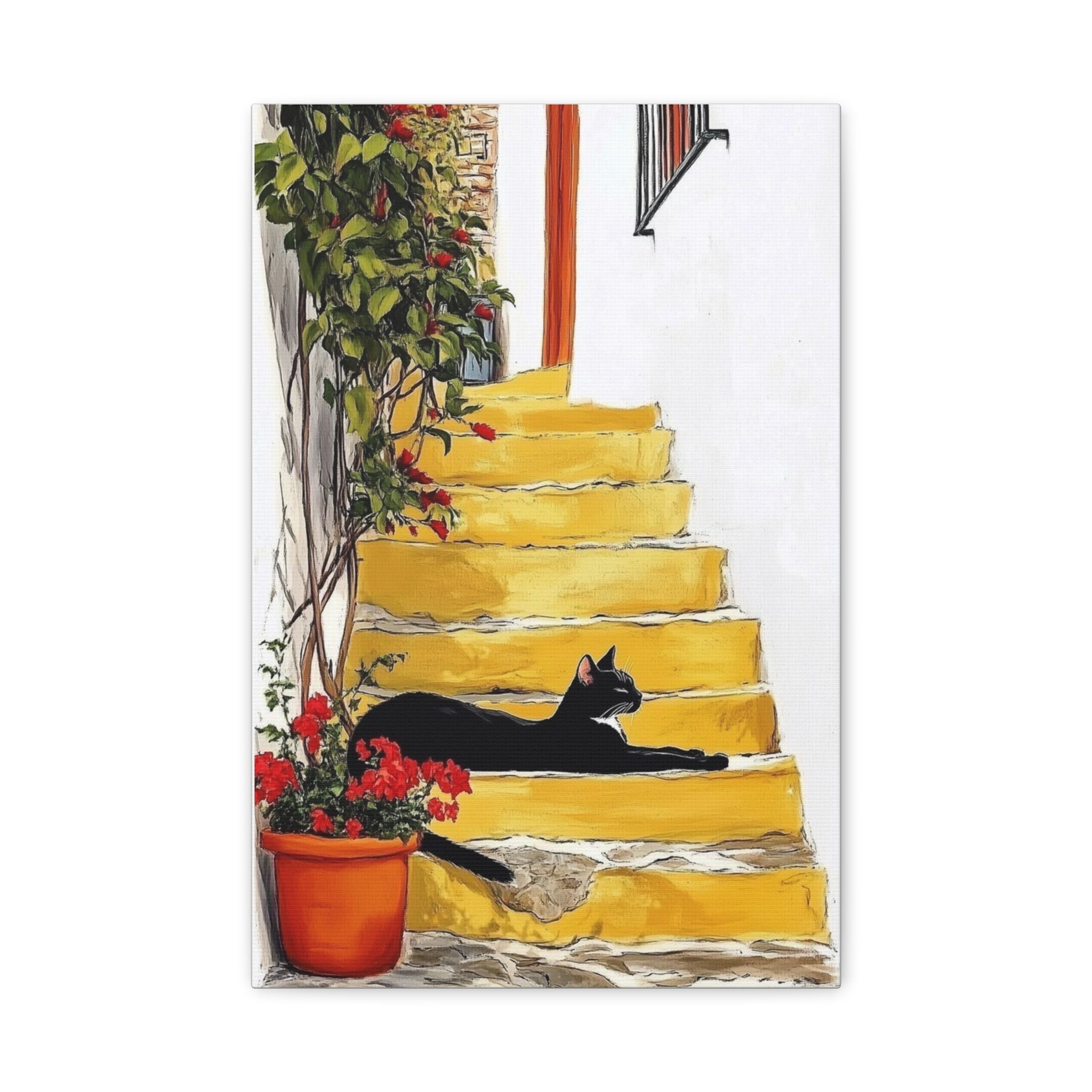 Black Cat on Yellow Steps Canvas Art Print, Whimsical Home Decor, Gift for Cat Lovers, Wall Art, Cozy Vibe, Pet Memorable Art