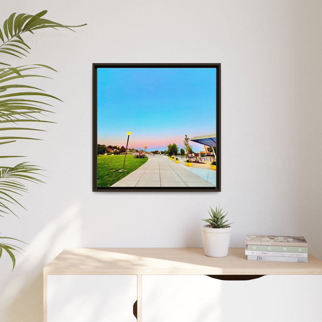 Sunset Promenade Matte Framed Canvas — Pastel Sky Walkway Wall Art