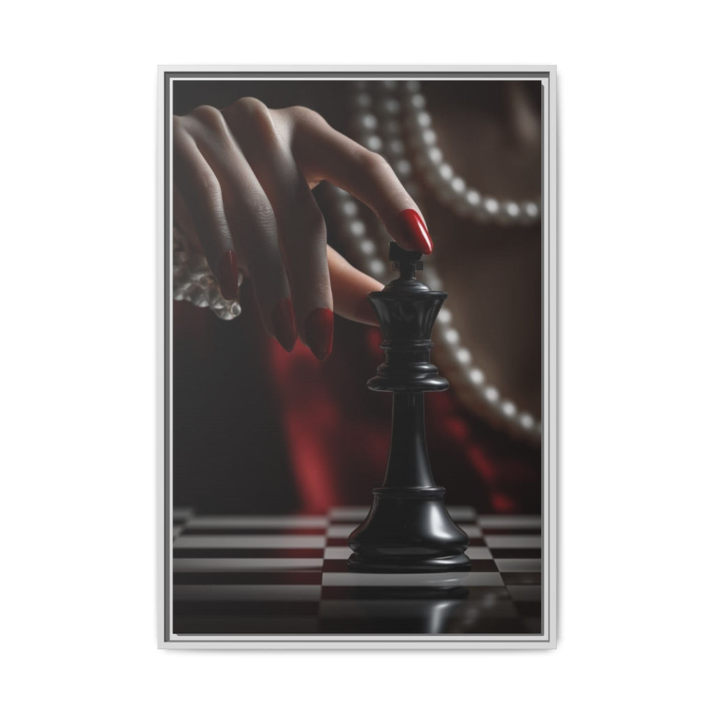 Framed Matte Canvas Art — Femme Hand & Chess King (Pearls, Noir Glam)