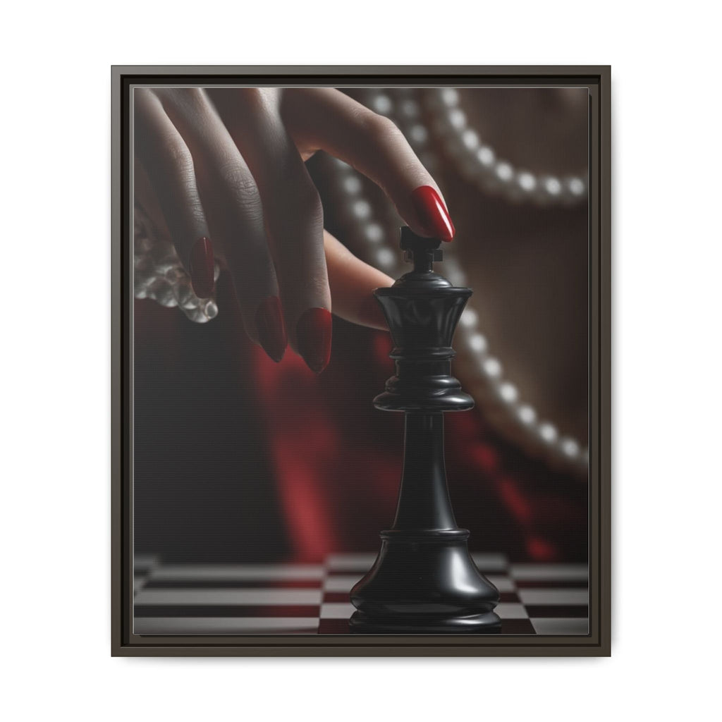 Framed Matte Canvas Art — Femme Hand & Chess King (Pearls, Noir Glam)
