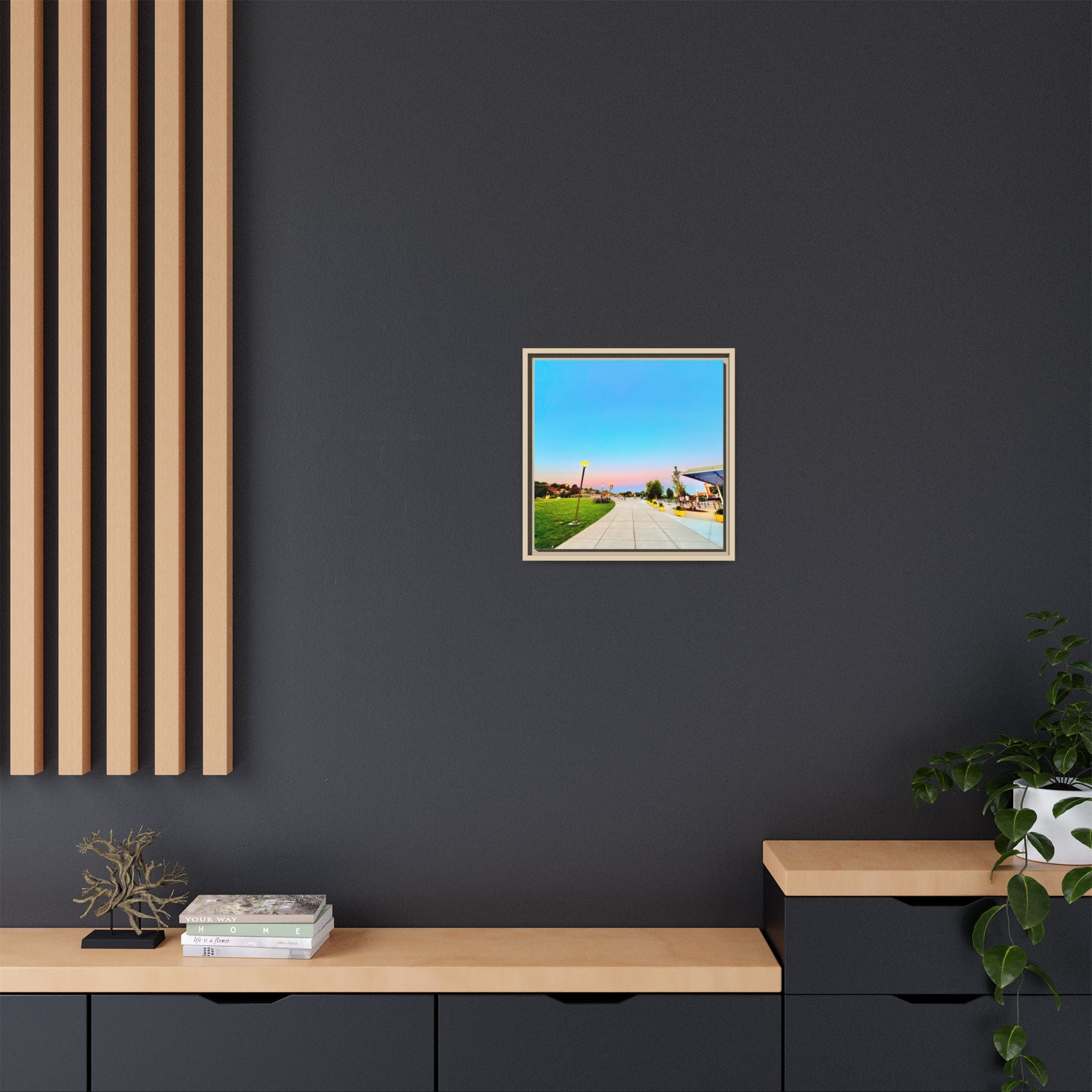 Sunset Promenade Matte Framed Canvas — Pastel Sky Walkway Wall Art