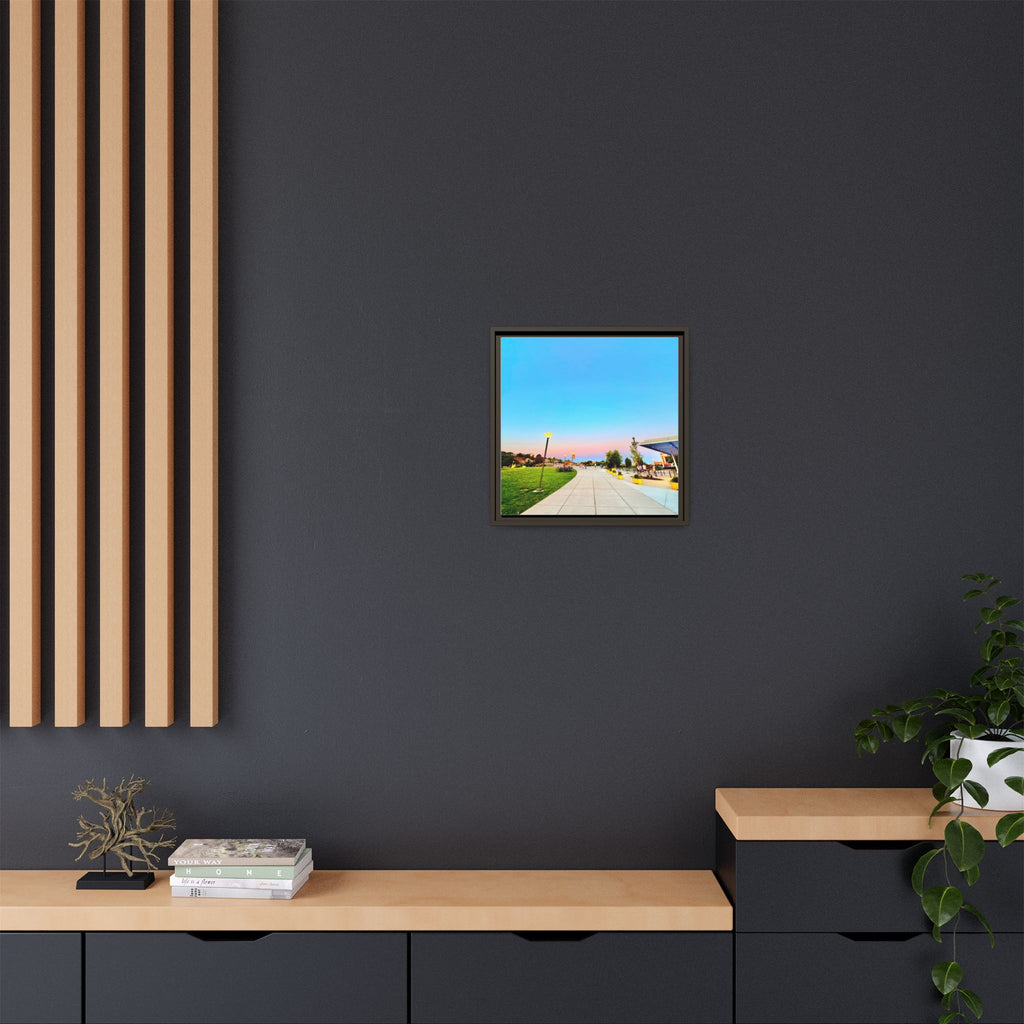 Sunset Promenade Matte Framed Canvas — Pastel Sky Walkway Wall Art
