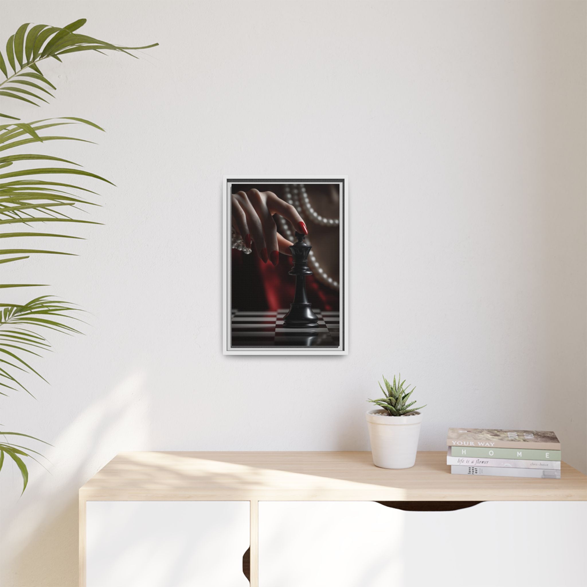 Framed Matte Canvas Art — Femme Hand & Chess King (Pearls, Noir Glam)