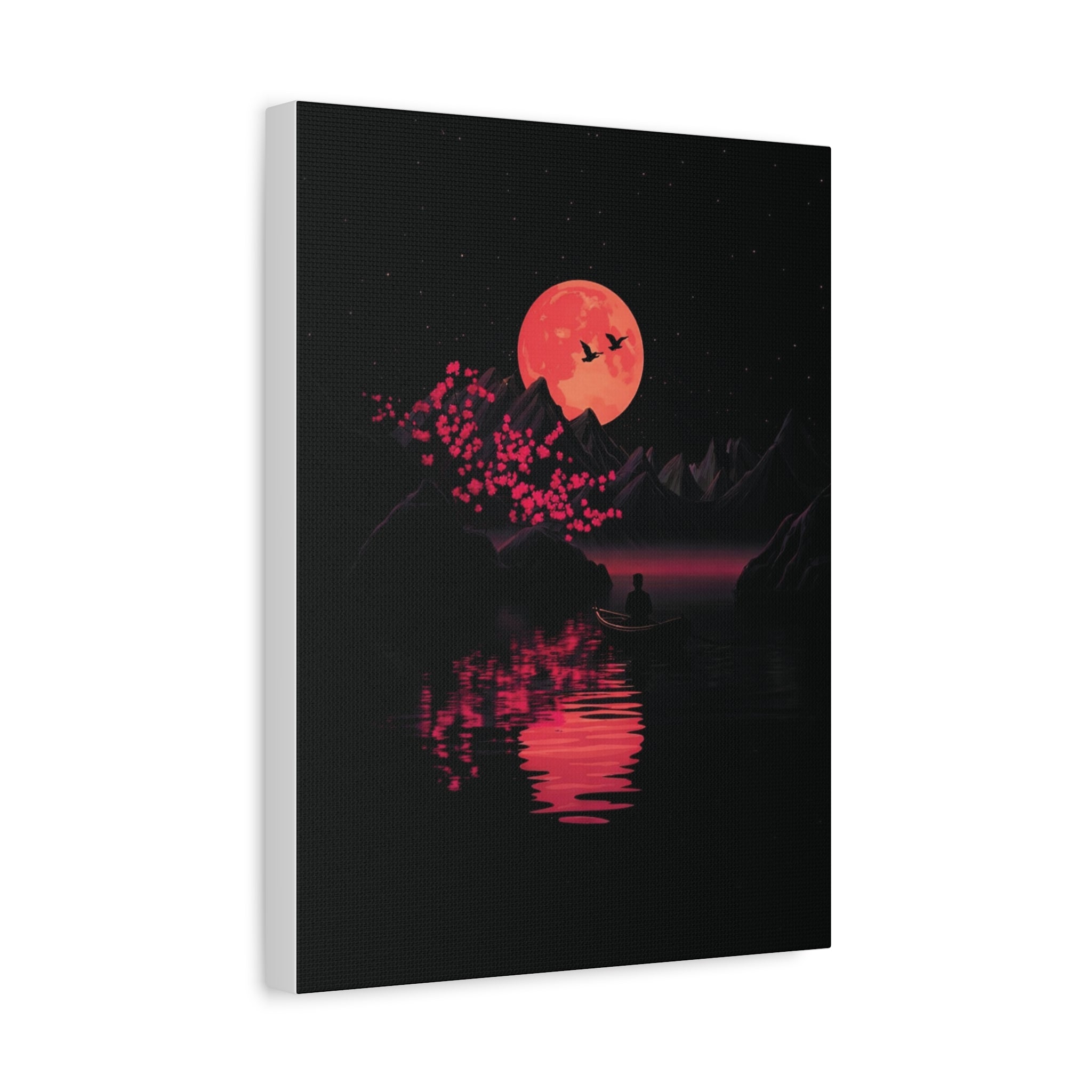 Moonlit Sakura Canvas Wall Art — Red Moon Reflection Matte Stretched Print