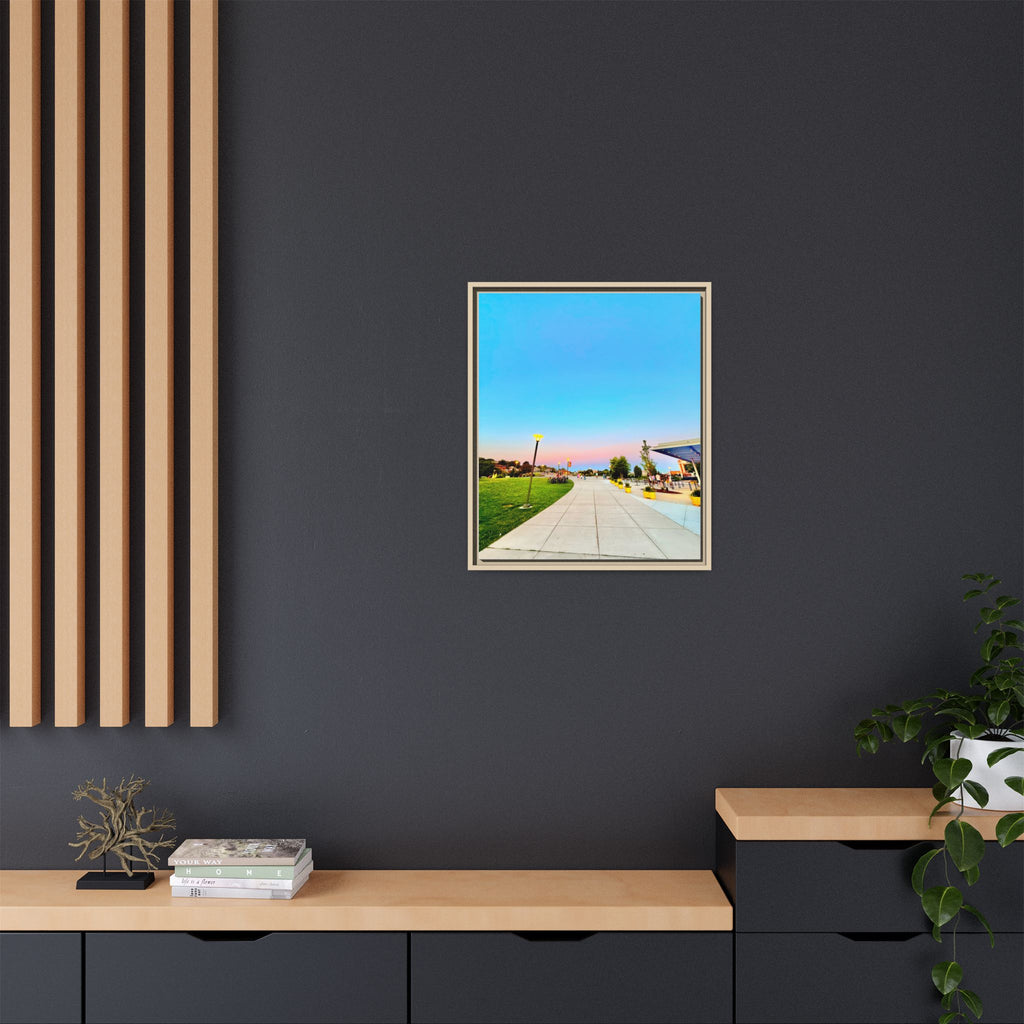 Sunset Promenade Matte Framed Canvas — Pastel Sky Walkway Wall Art