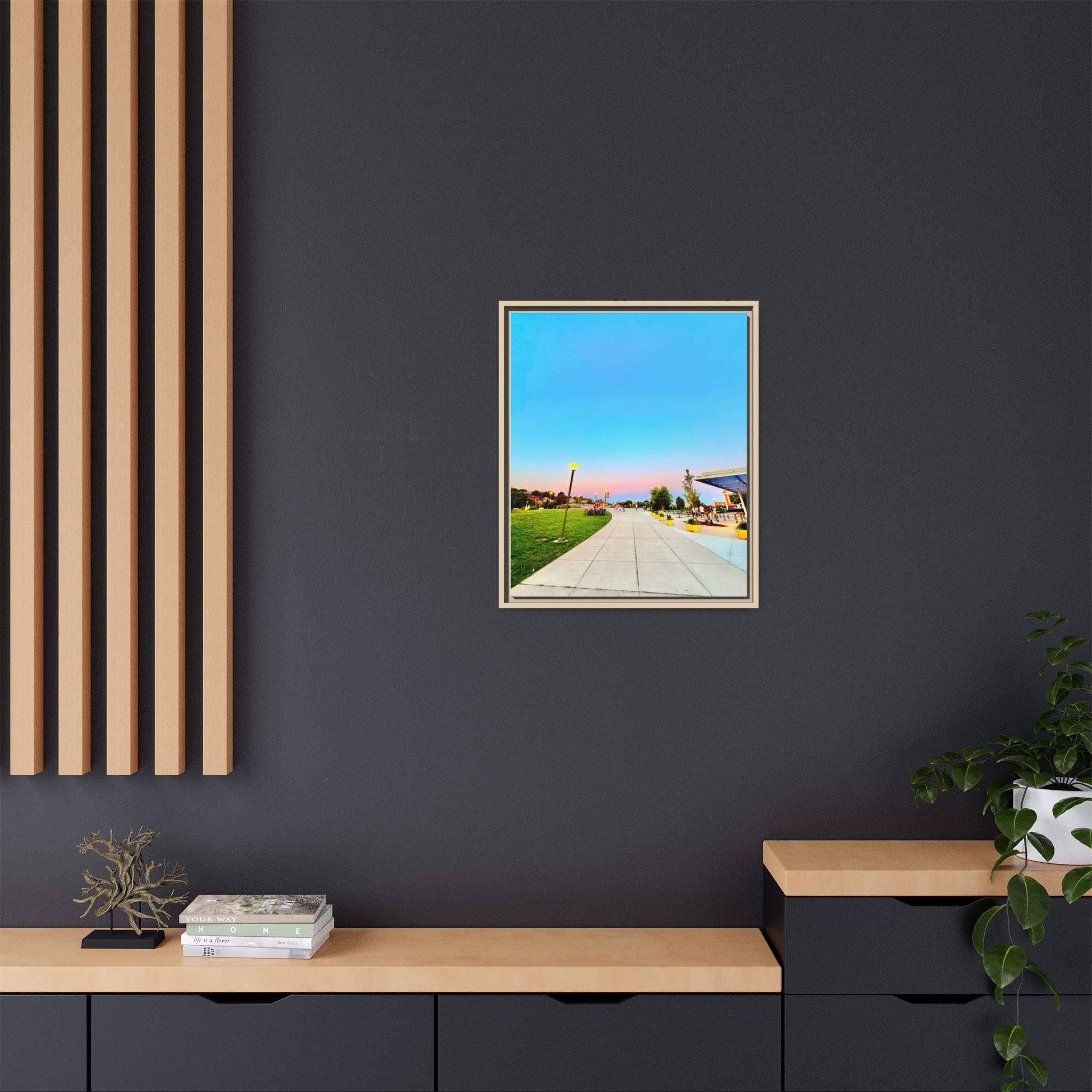 Sunset Promenade Matte Framed Canvas — Pastel Sky Walkway Wall Art