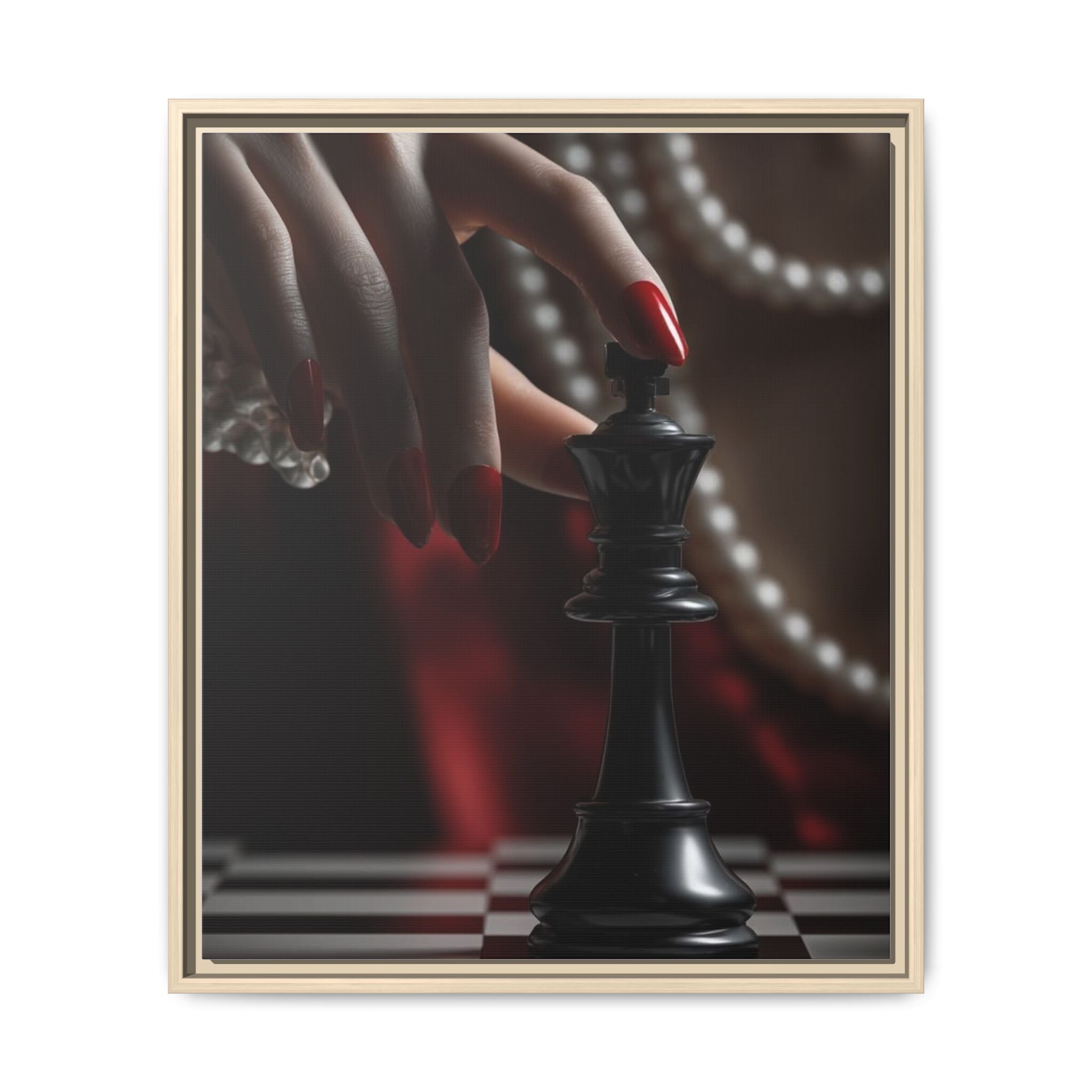Framed Matte Canvas Art — Femme Hand & Chess King (Pearls, Noir Glam)