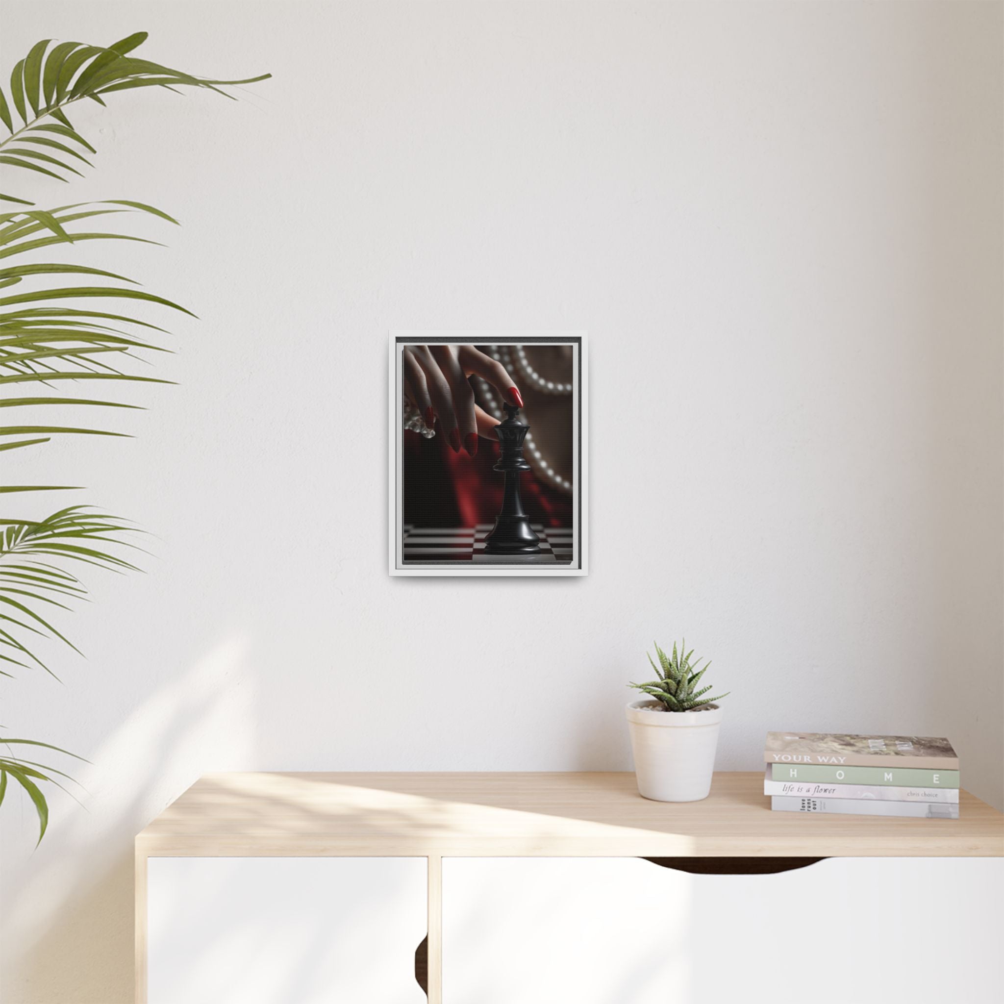 Framed Matte Canvas Art — Femme Hand & Chess King (Pearls, Noir Glam)