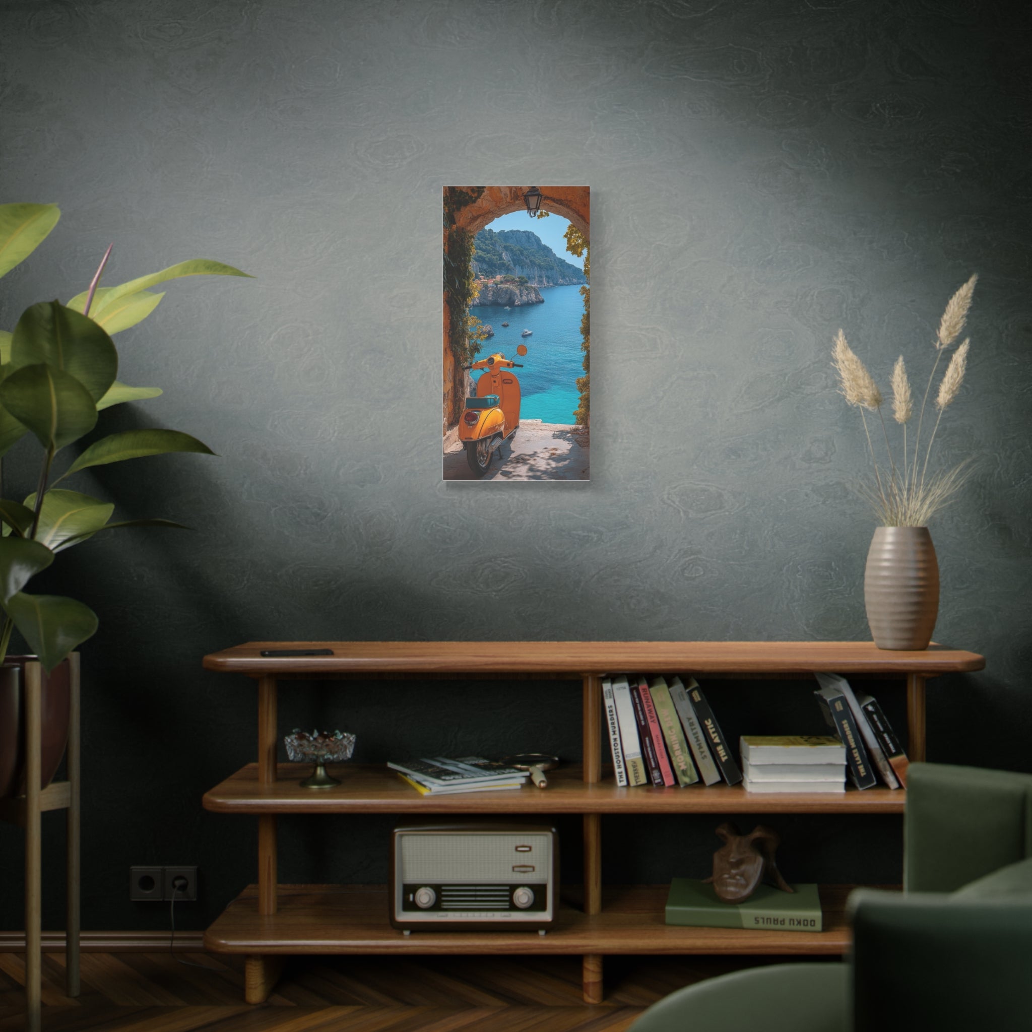 Mediterranean Scooter Canvas Print – Sunny Coastal Archway Wall Art