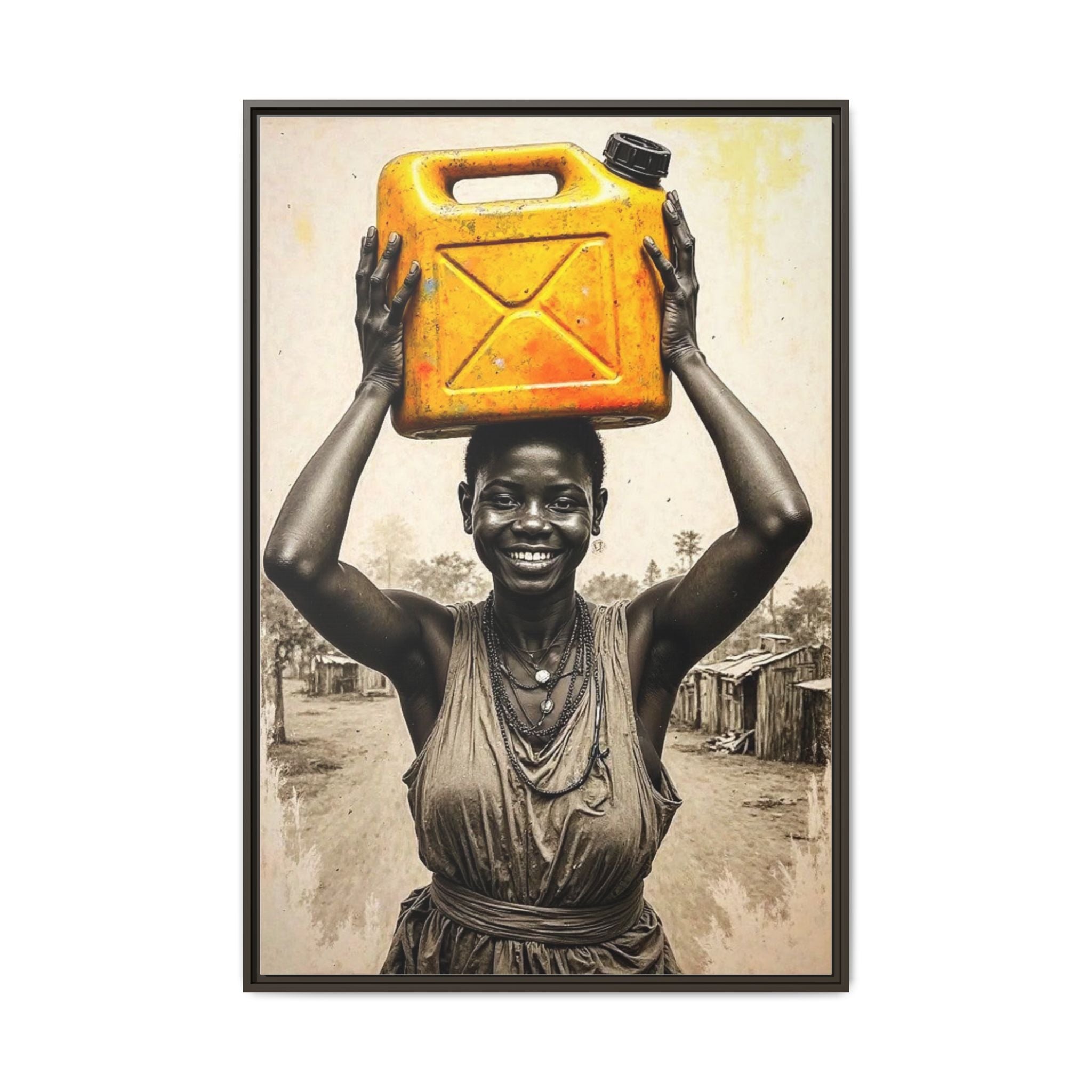 Framed Canvas Art - Joyful Woman Carrying Yellow Water Jerrycan