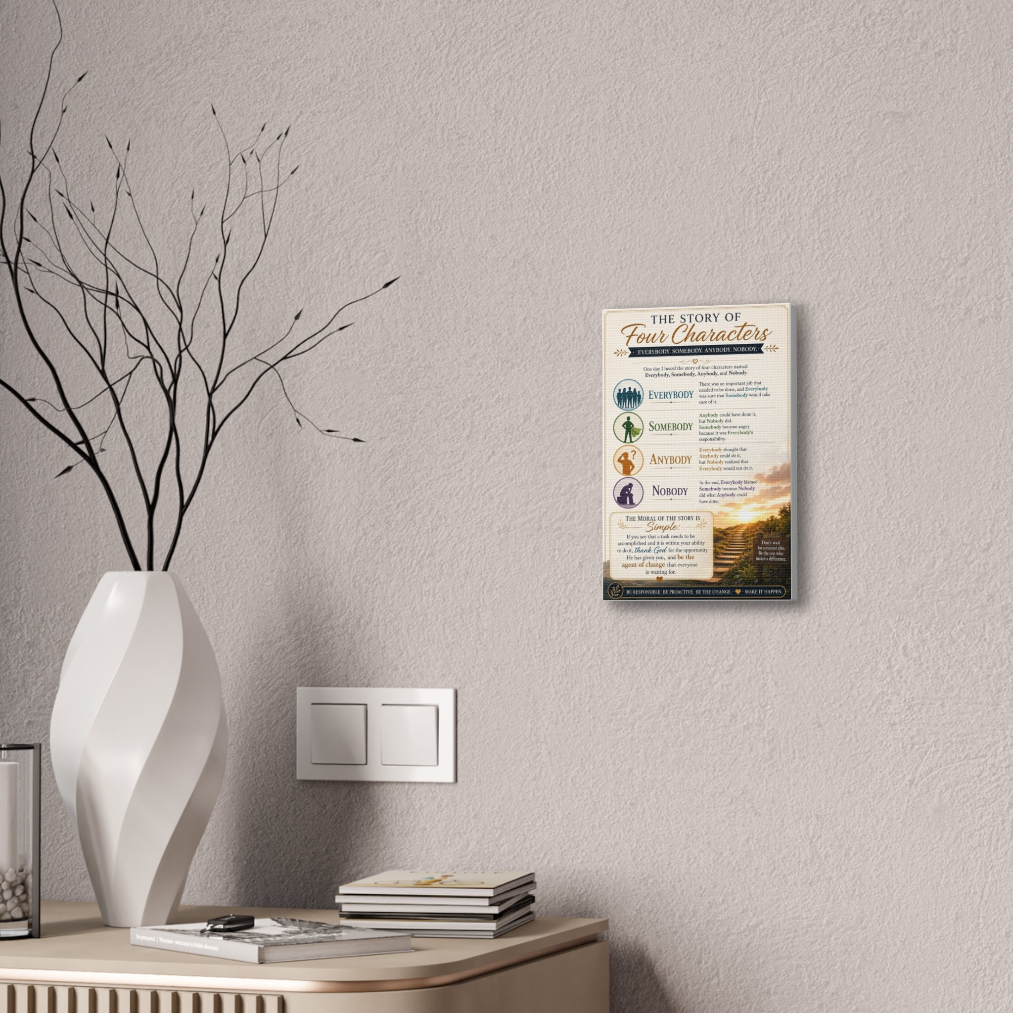 The Story of Four Characters Canvas Wall Art — Inspirational Everybody Somebody Anybody Nobody Print