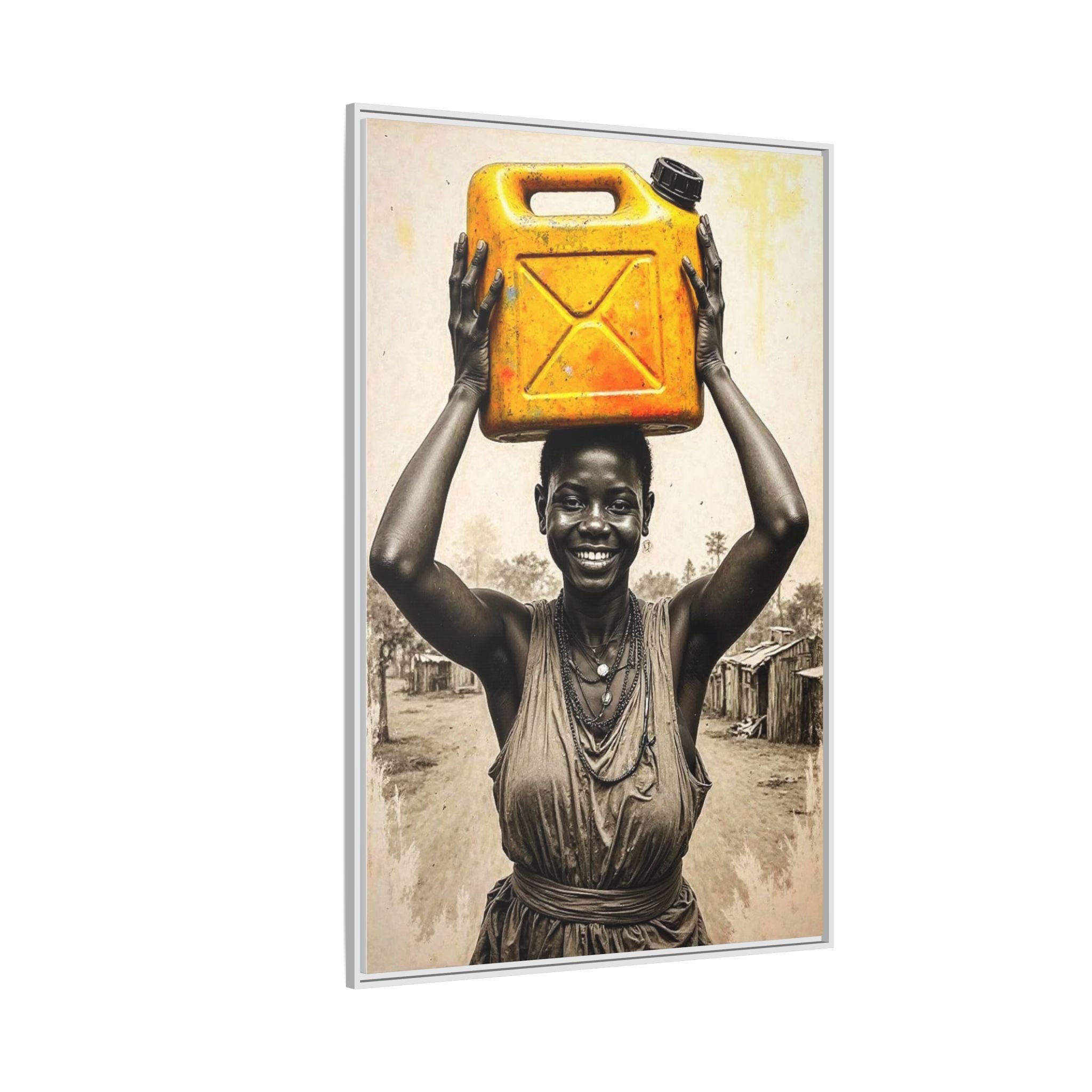 Framed Canvas Art - Joyful Woman Carrying Yellow Water Jerrycan