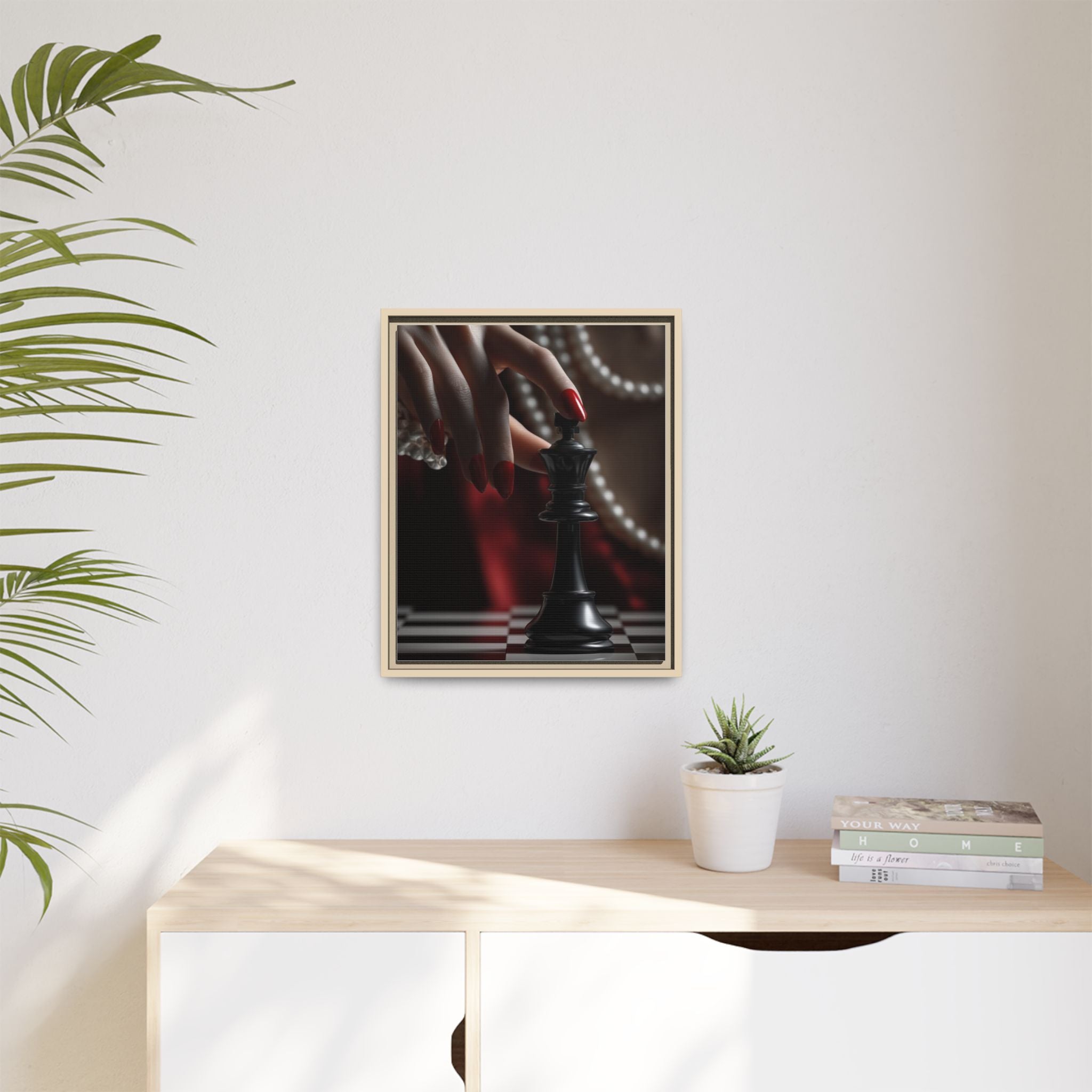 Framed Matte Canvas Art — Femme Hand & Chess King (Pearls, Noir Glam)