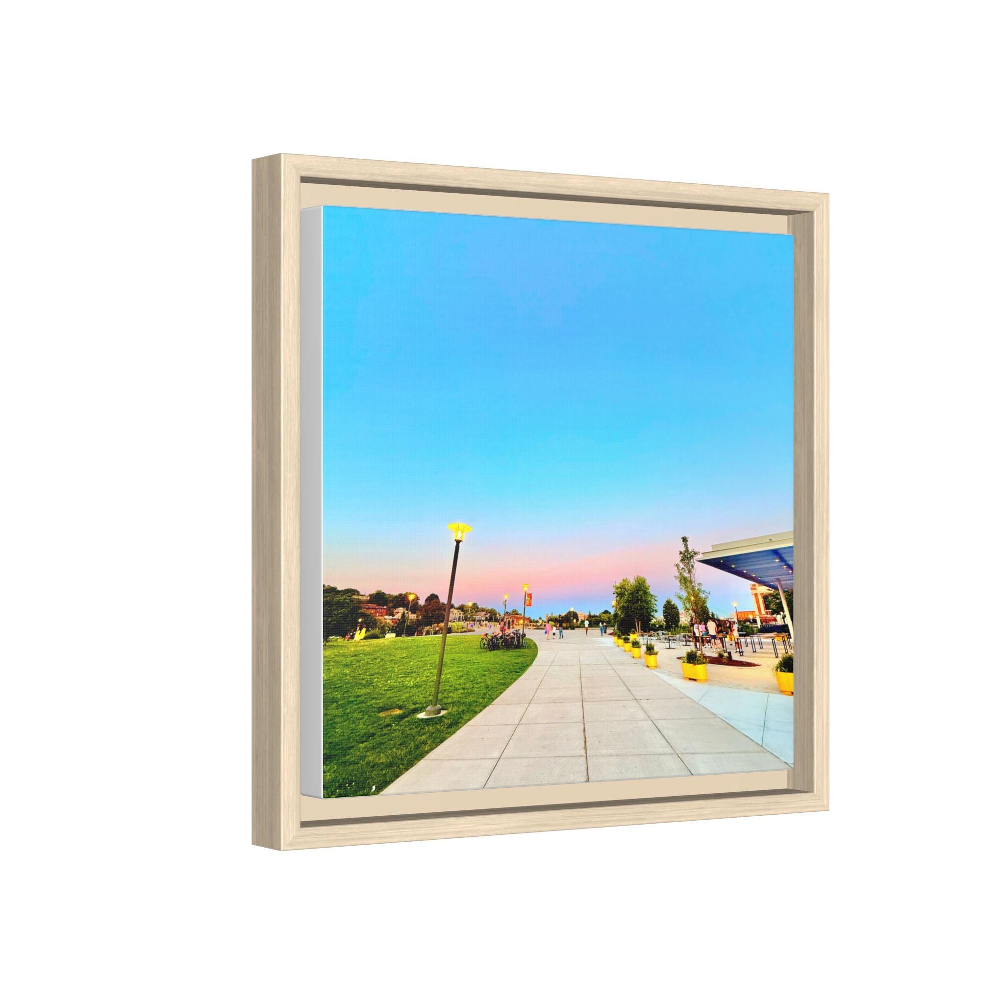 Sunset Promenade Matte Framed Canvas — Pastel Sky Walkway Wall Art