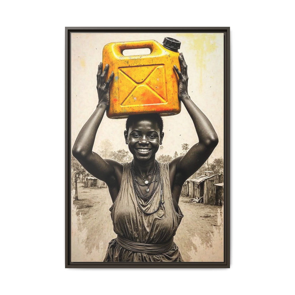 Framed Canvas Art - Joyful Woman Carrying Yellow Water Jerrycan