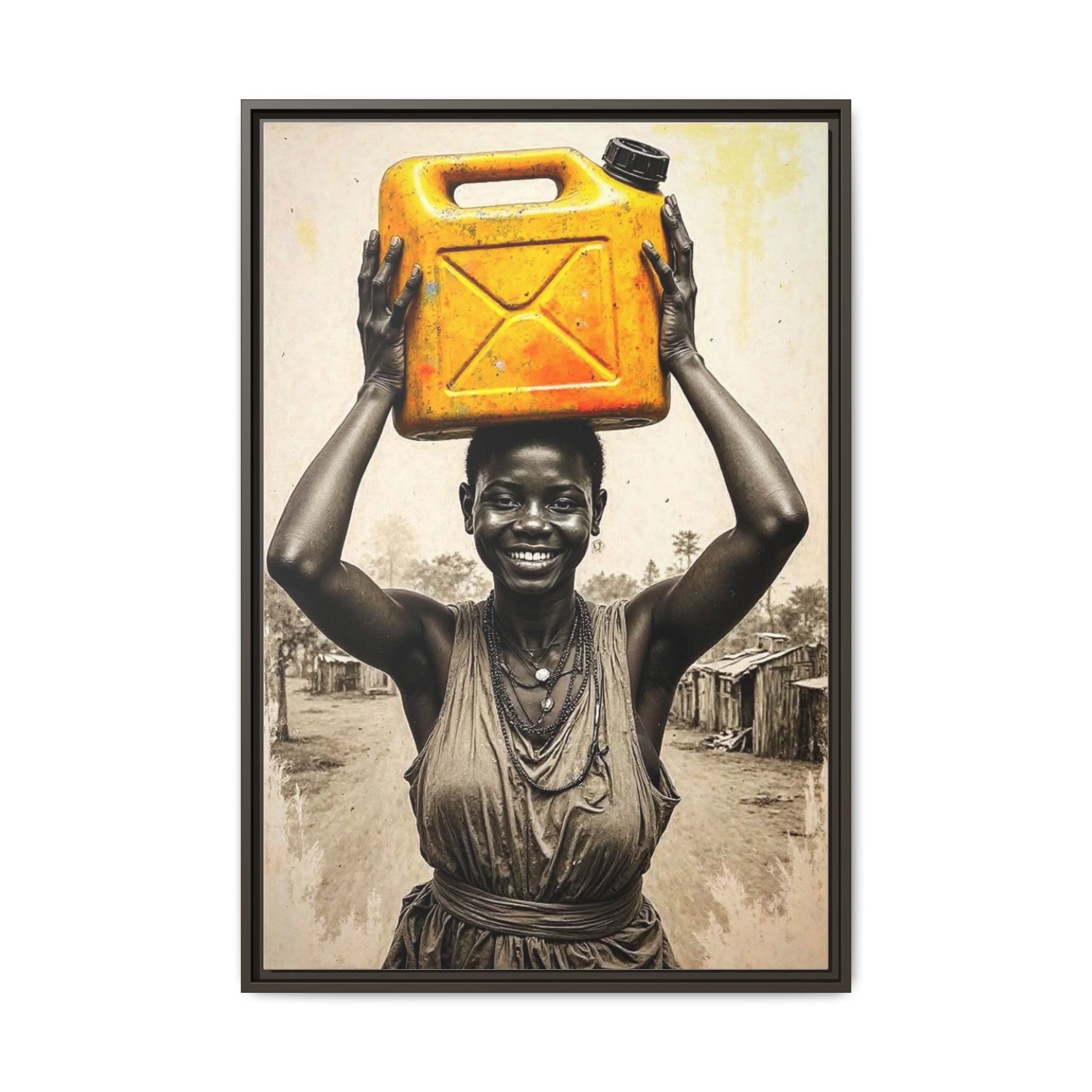 Framed Canvas Art - Joyful Woman Carrying Yellow Water Jerrycan