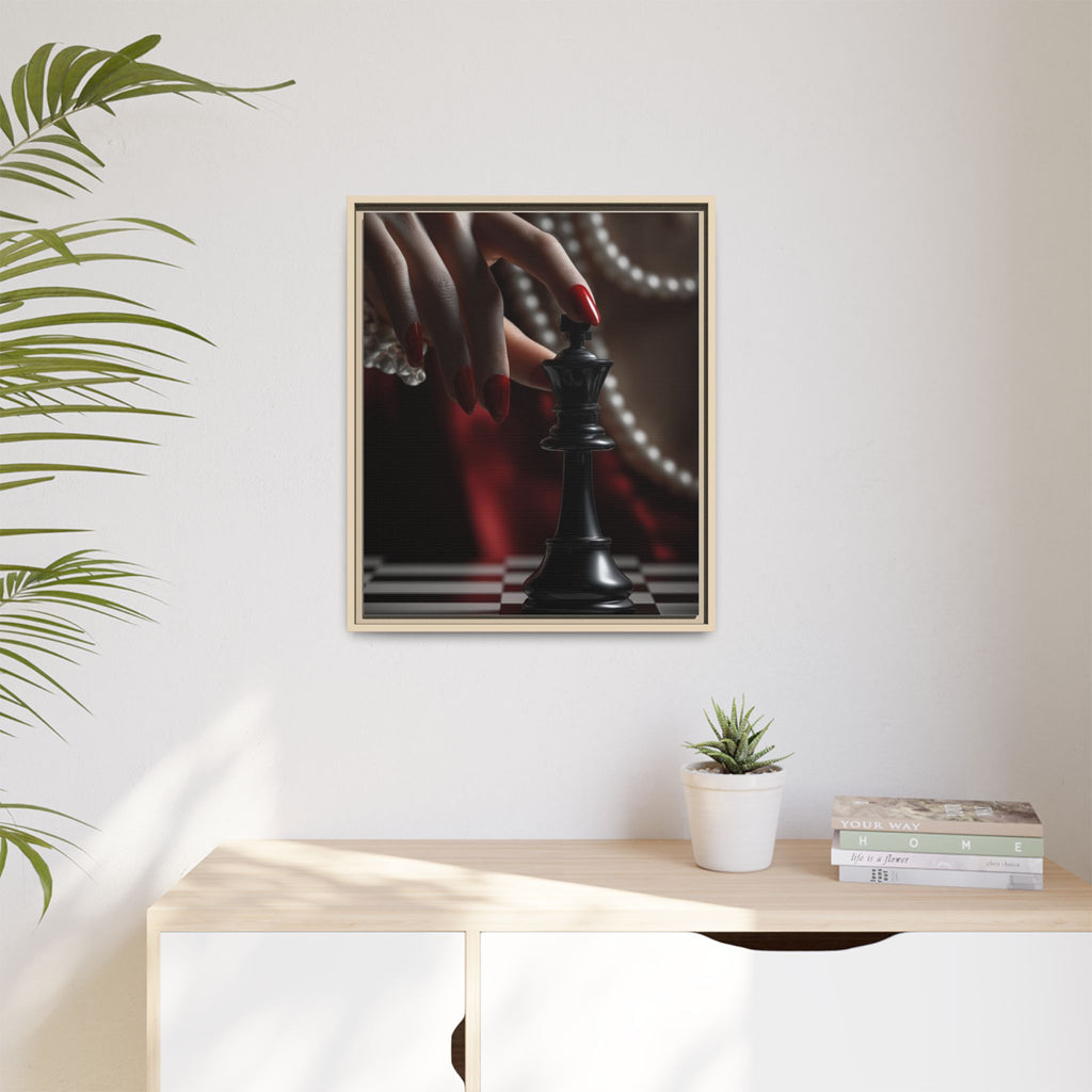 Framed Matte Canvas Art — Femme Hand & Chess King (Pearls, Noir Glam)