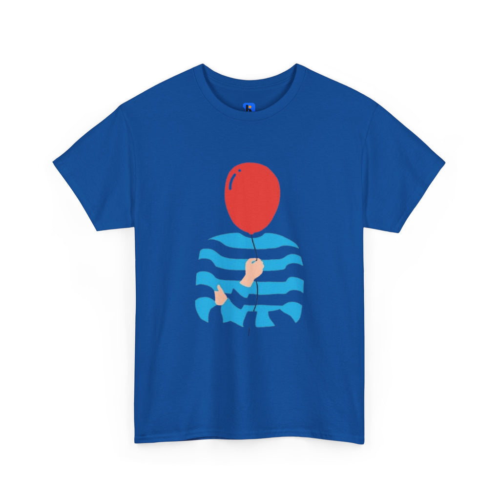 Striped Sweater Balloon Tee — Minimalist Red Balloon Graphic T-Shirt