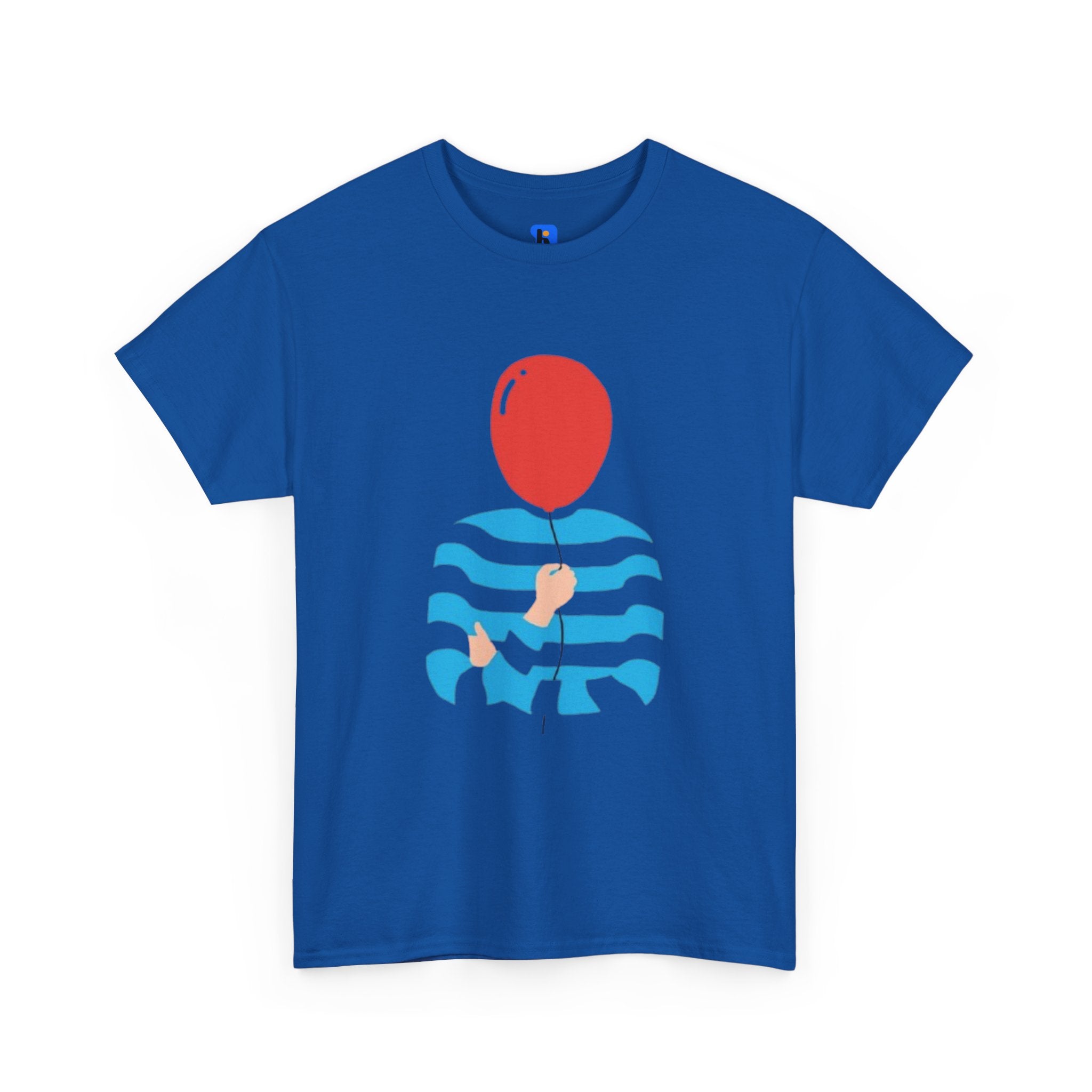 Striped Sweater Balloon Tee — Minimalist Red Balloon Graphic T-Shirt