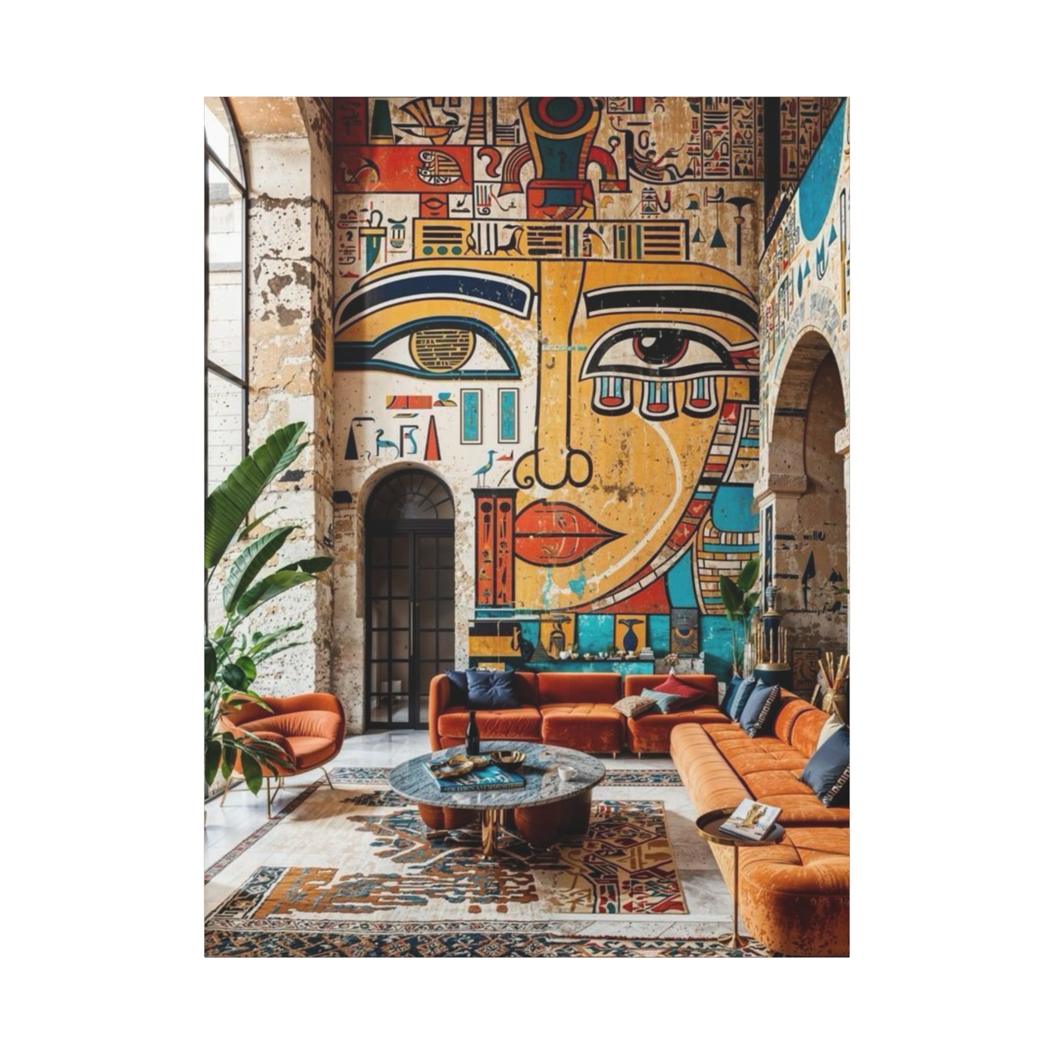 Egyptian Mural Face Matte Canvas Wall Art – Bohemian Living Room Decor