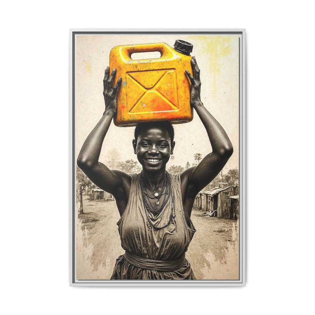 Framed Canvas Art - Joyful Woman Carrying Yellow Water Jerrycan