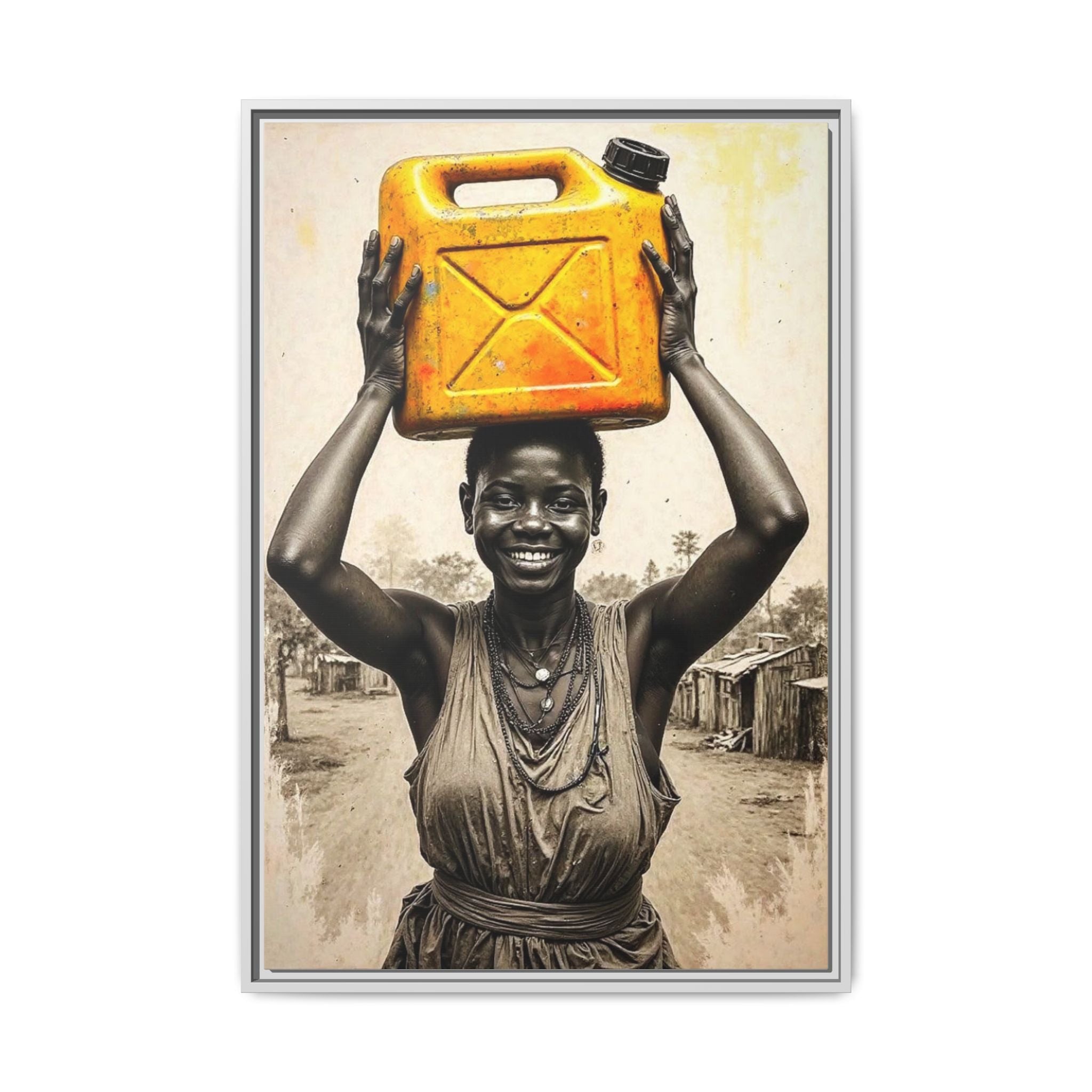 Framed Canvas Art - Joyful Woman Carrying Yellow Water Jerrycan