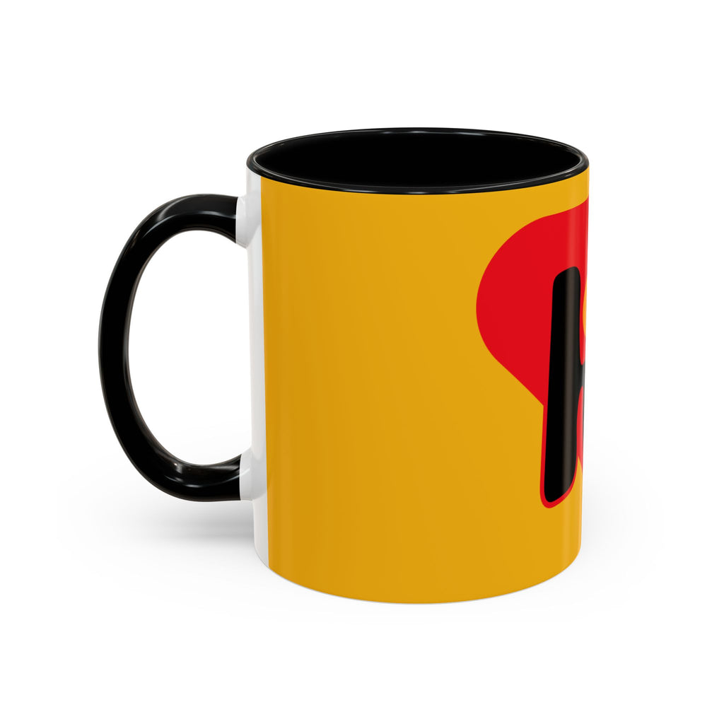 Retro Bold 'k' Accent Coffee Mug — Yellow & Red Graphic Ceramic