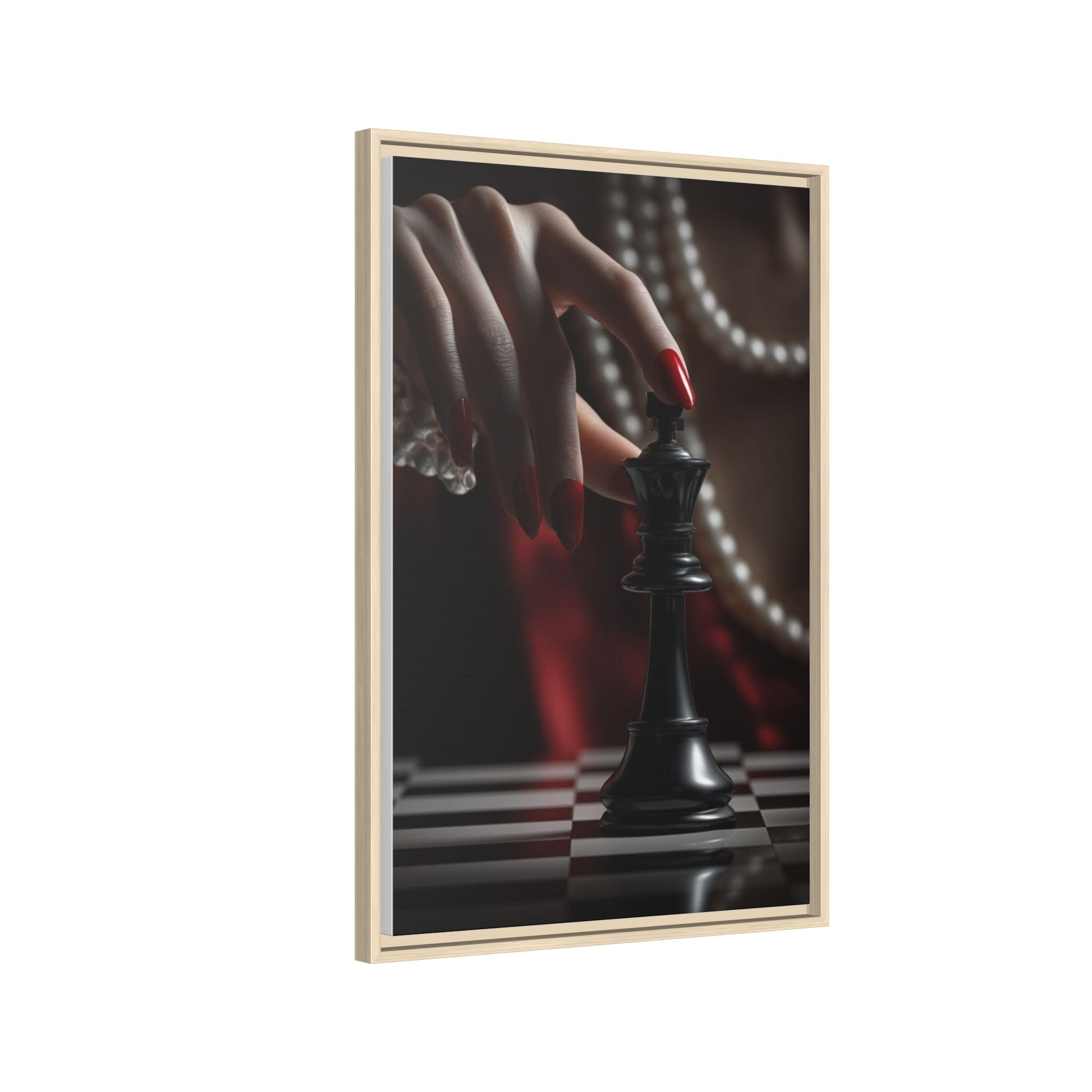 Framed Matte Canvas Art — Femme Hand & Chess King (Pearls, Noir Glam)