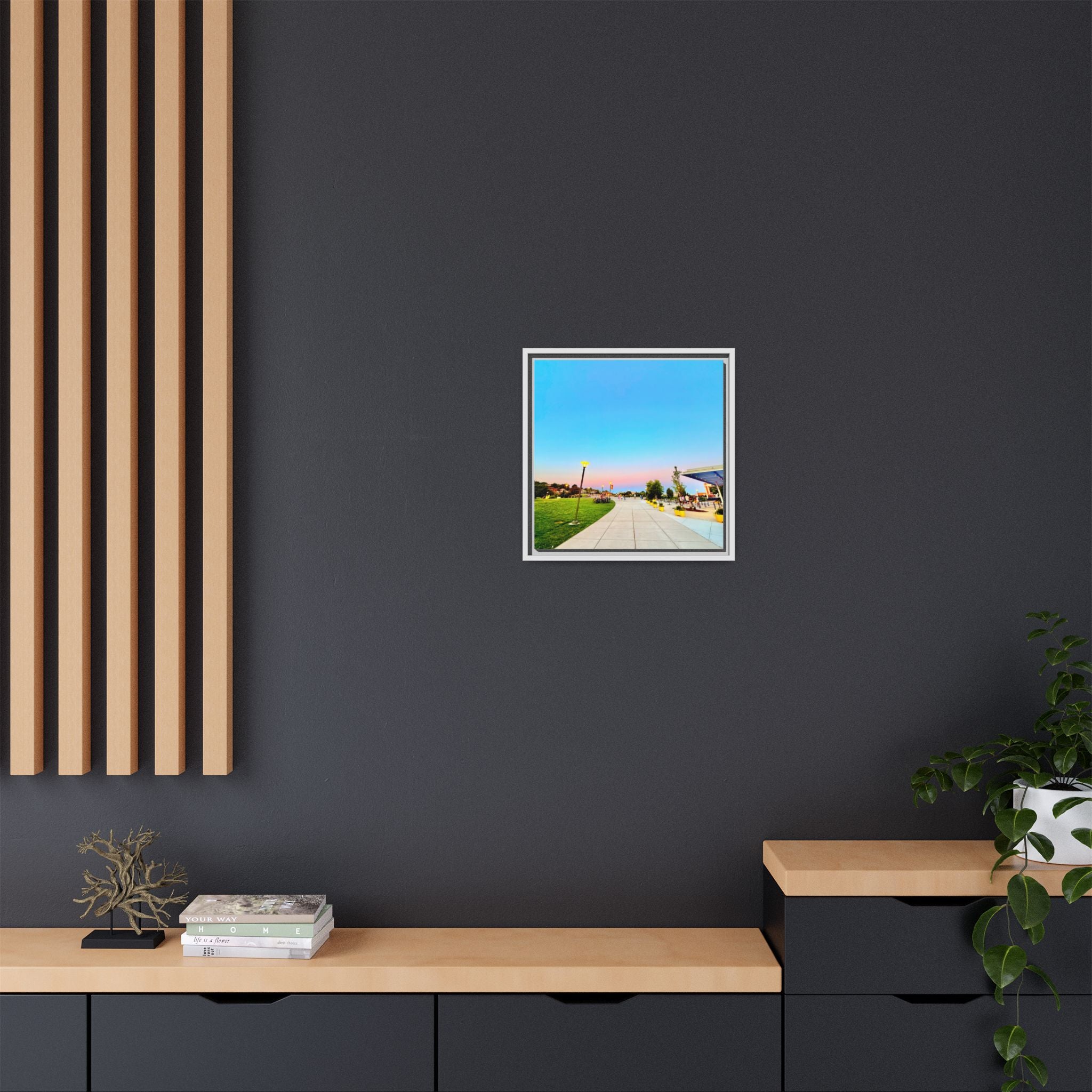 Sunset Promenade Matte Framed Canvas — Pastel Sky Walkway Wall Art