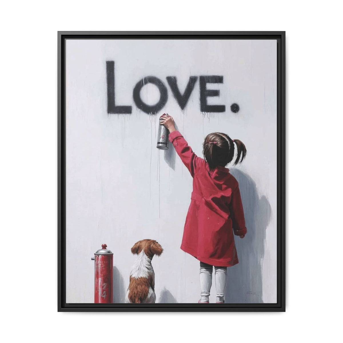 'LOVE.' Girl Spray-Painting with Dog- Framed Canvas Art