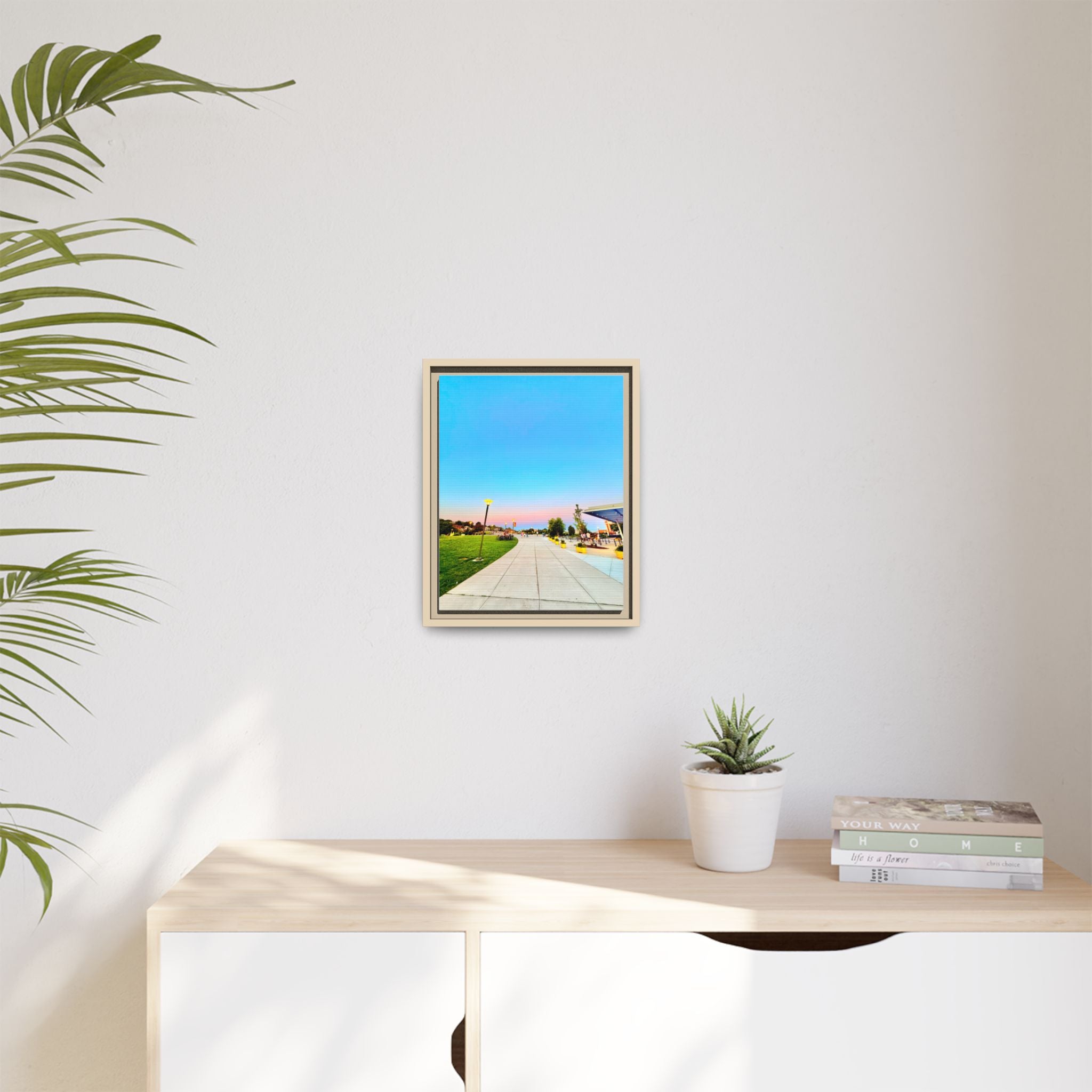 Sunset Promenade Matte Framed Canvas — Pastel Sky Walkway Wall Art