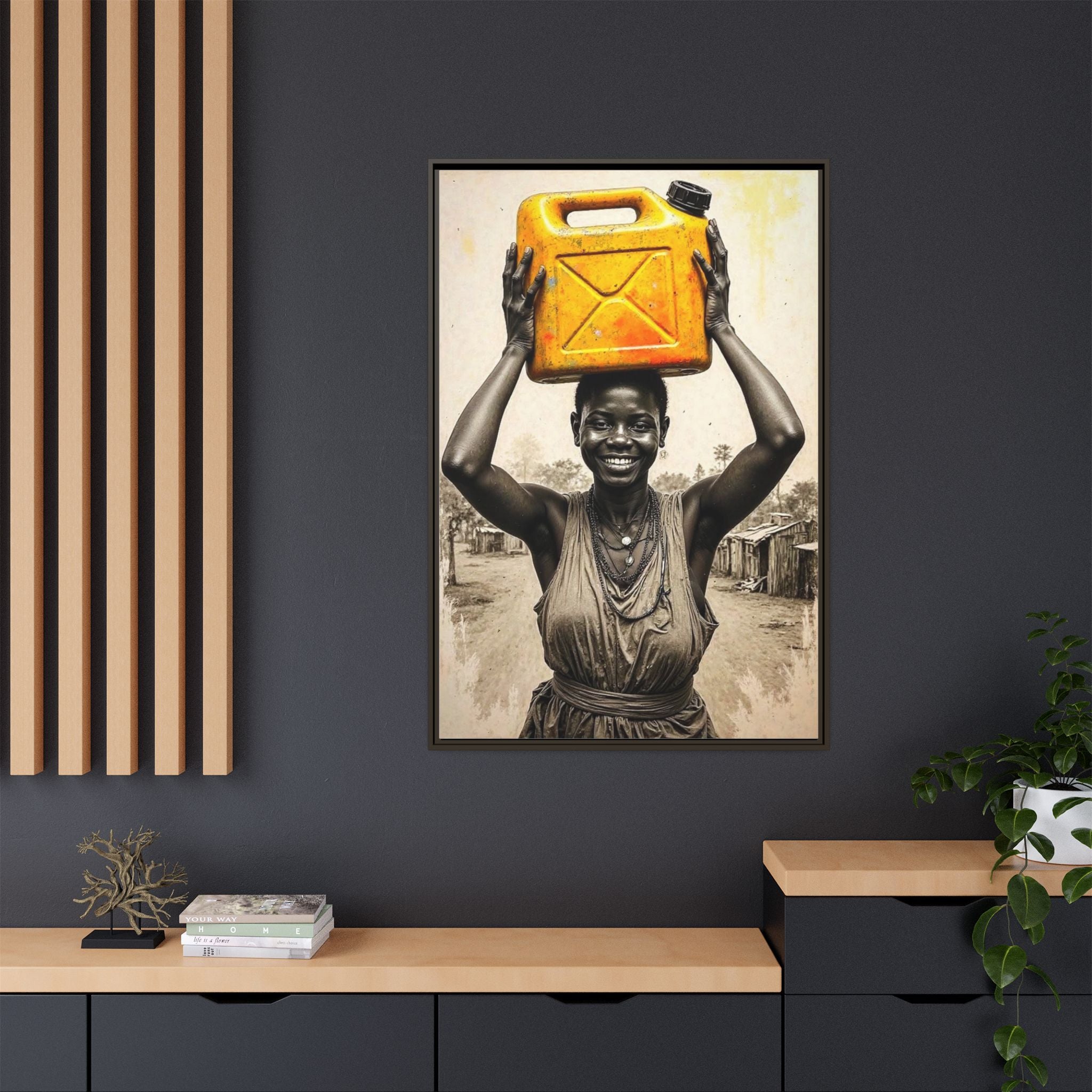 Framed Canvas Art - Joyful Woman Carrying Yellow Water Jerrycan