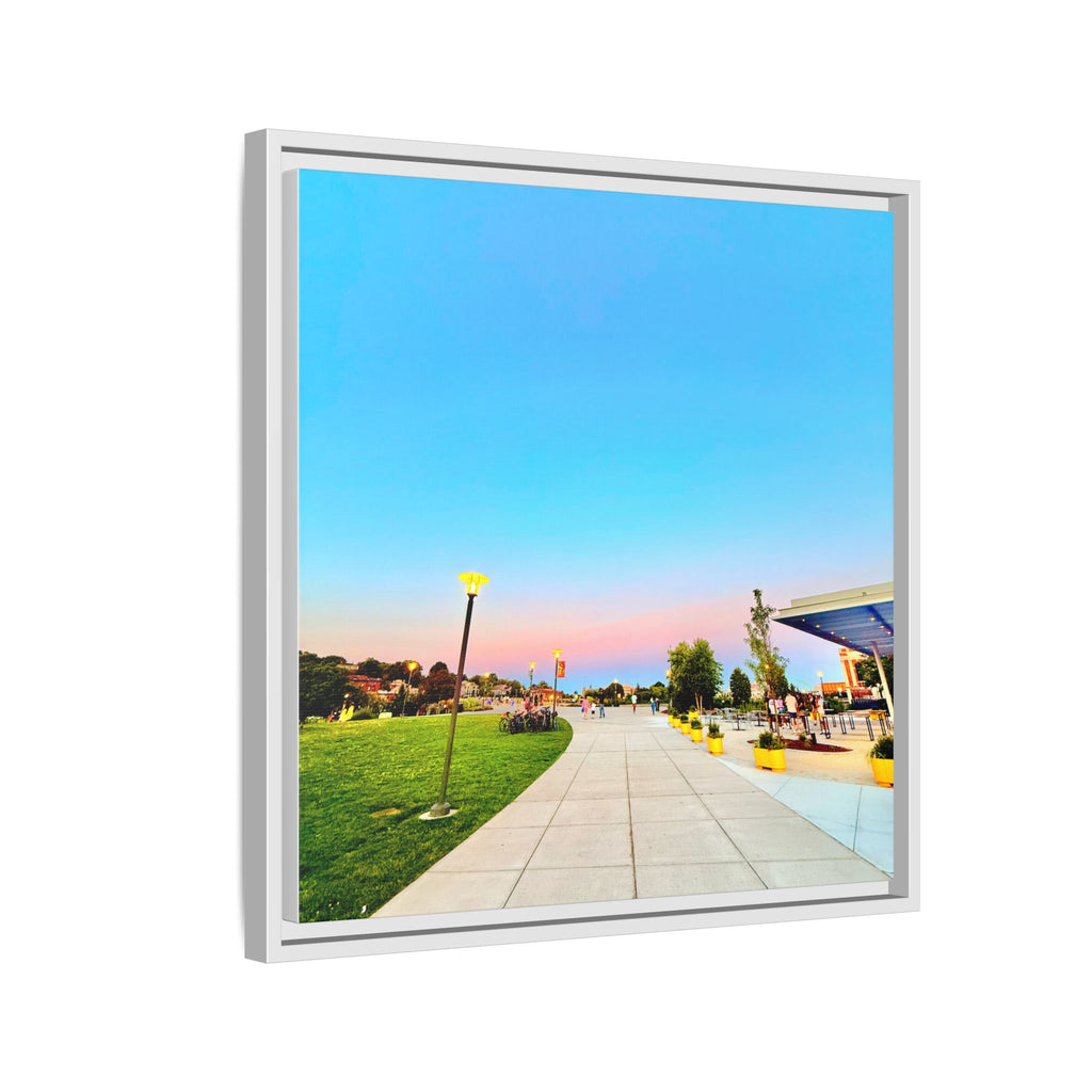 Sunset Promenade Matte Framed Canvas — Pastel Sky Walkway Wall Art