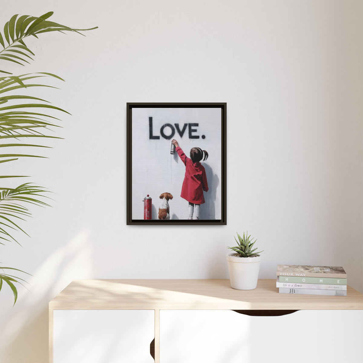'LOVE.' Girl Spray-Painting with Dog- Framed Canvas Art