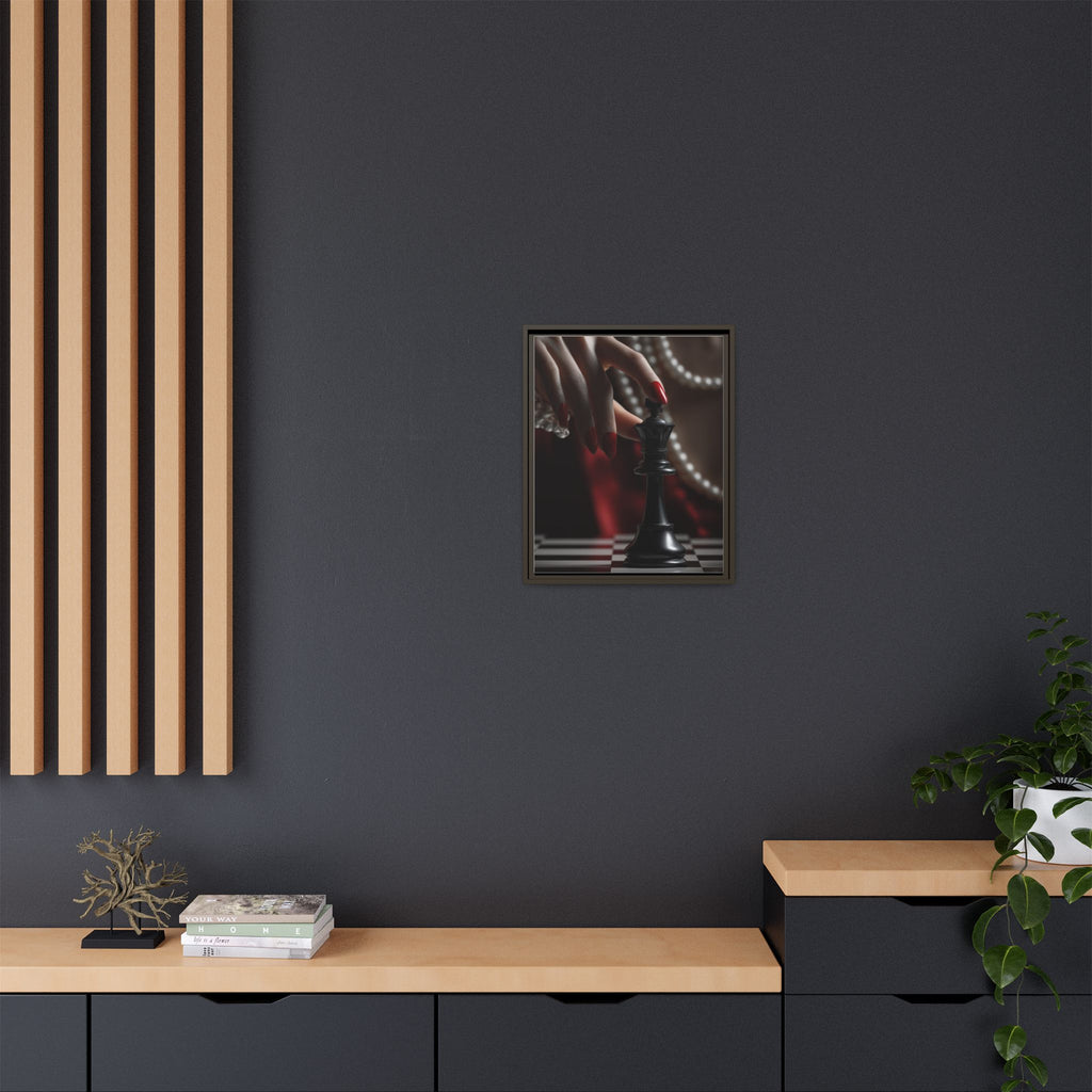 Framed Matte Canvas Art — Femme Hand & Chess King (Pearls, Noir Glam)