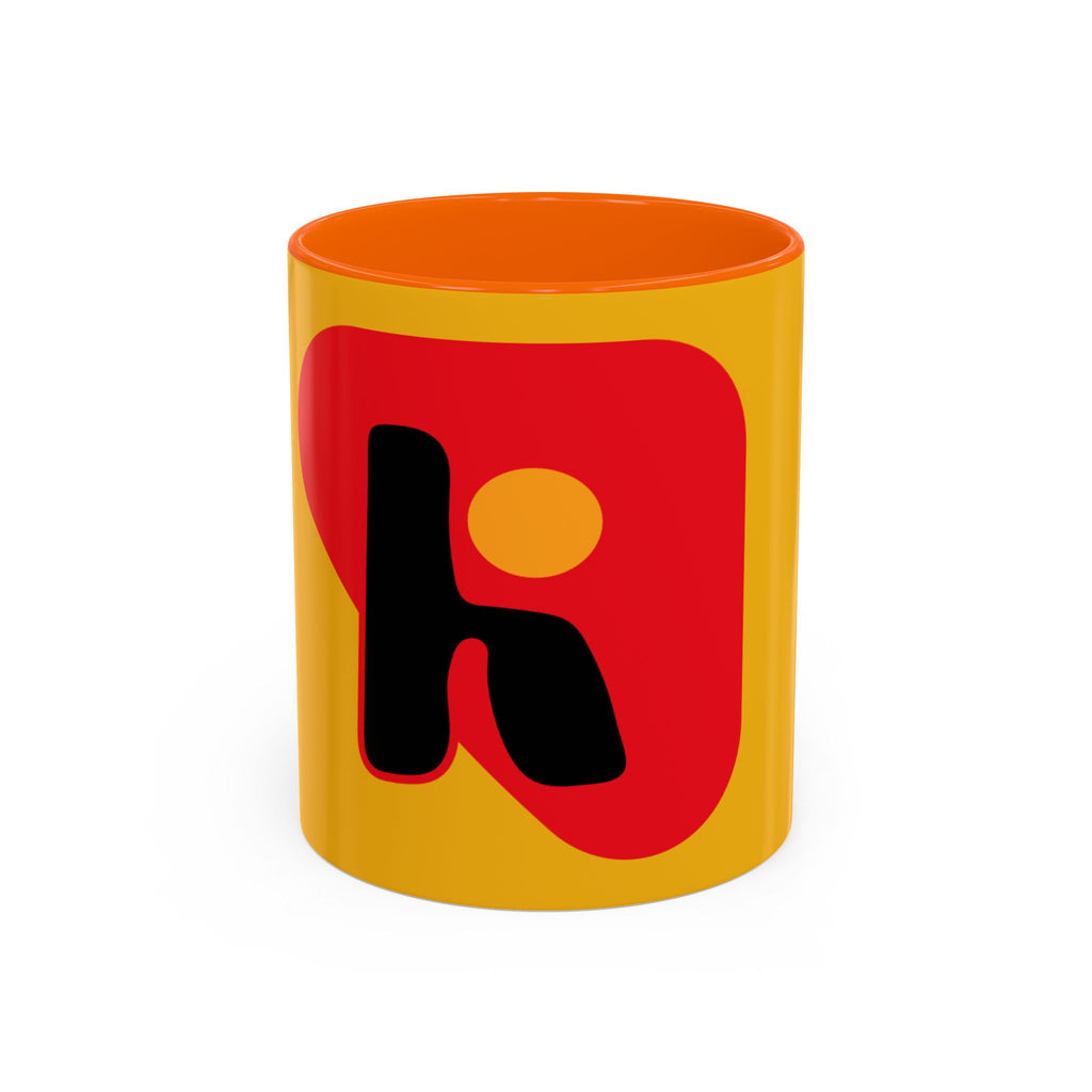 Retro Bold 'k' Accent Coffee Mug — Yellow & Red Graphic Ceramic