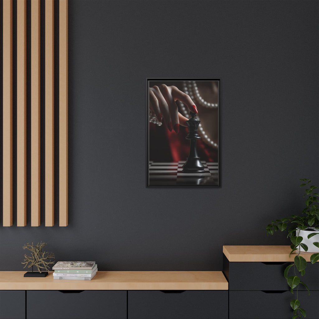 Framed Matte Canvas Art — Femme Hand & Chess King (Pearls, Noir Glam)