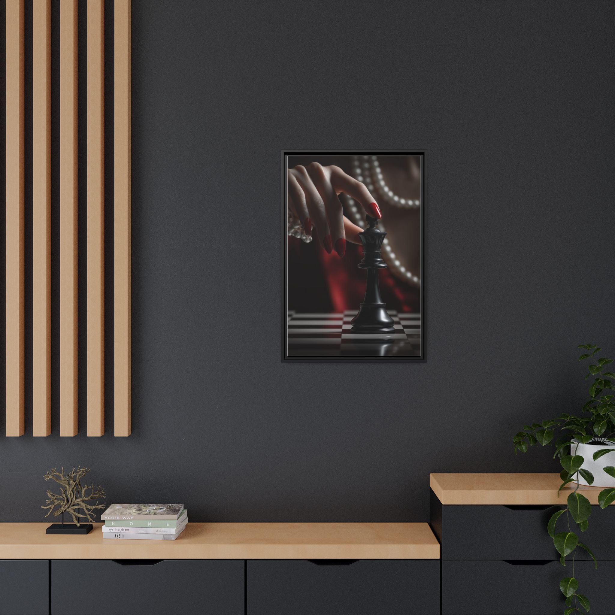 Framed Matte Canvas Art — Femme Hand & Chess King (Pearls, Noir Glam)