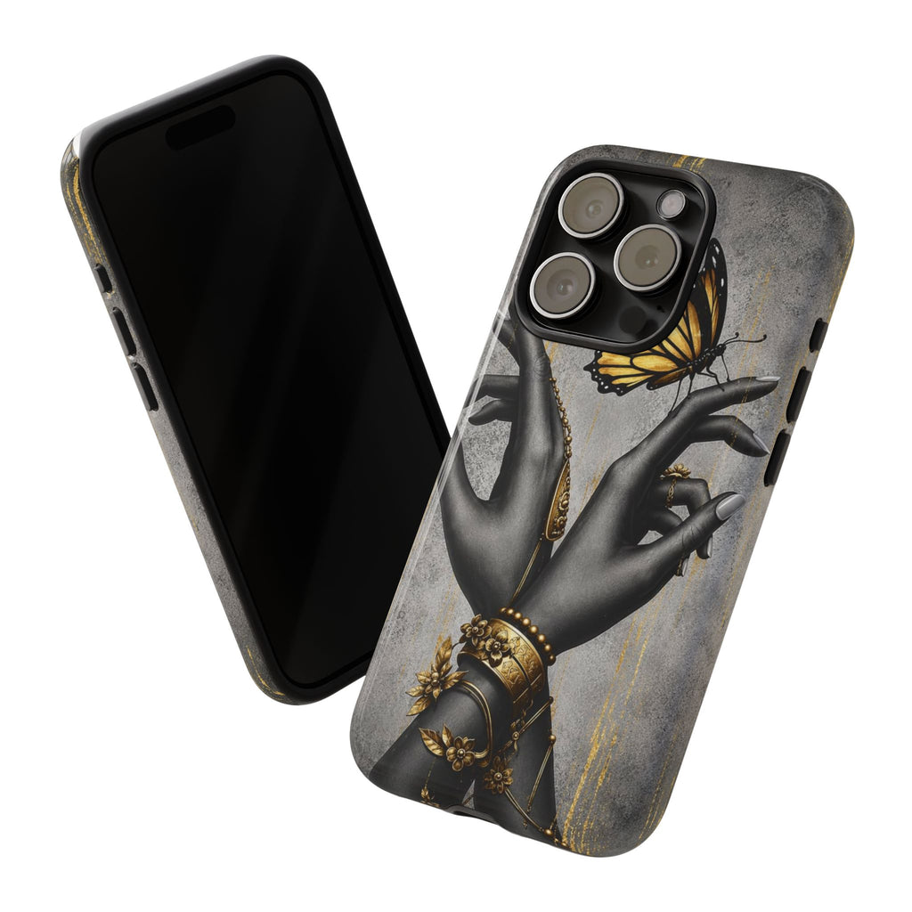 Artistic Black Hands & Golden Butterfly Phone Case – Protective Tough Case