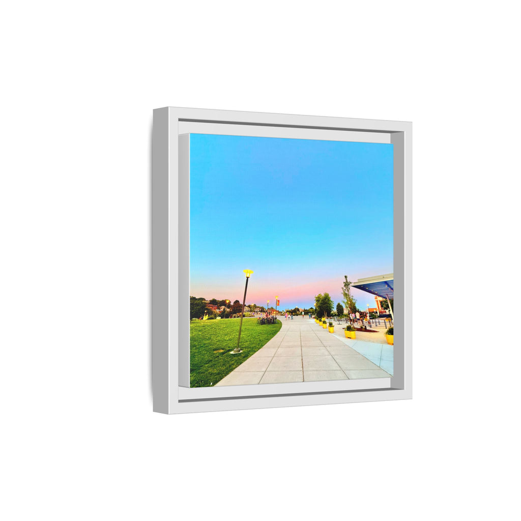 Sunset Promenade Matte Framed Canvas — Pastel Sky Walkway Wall Art