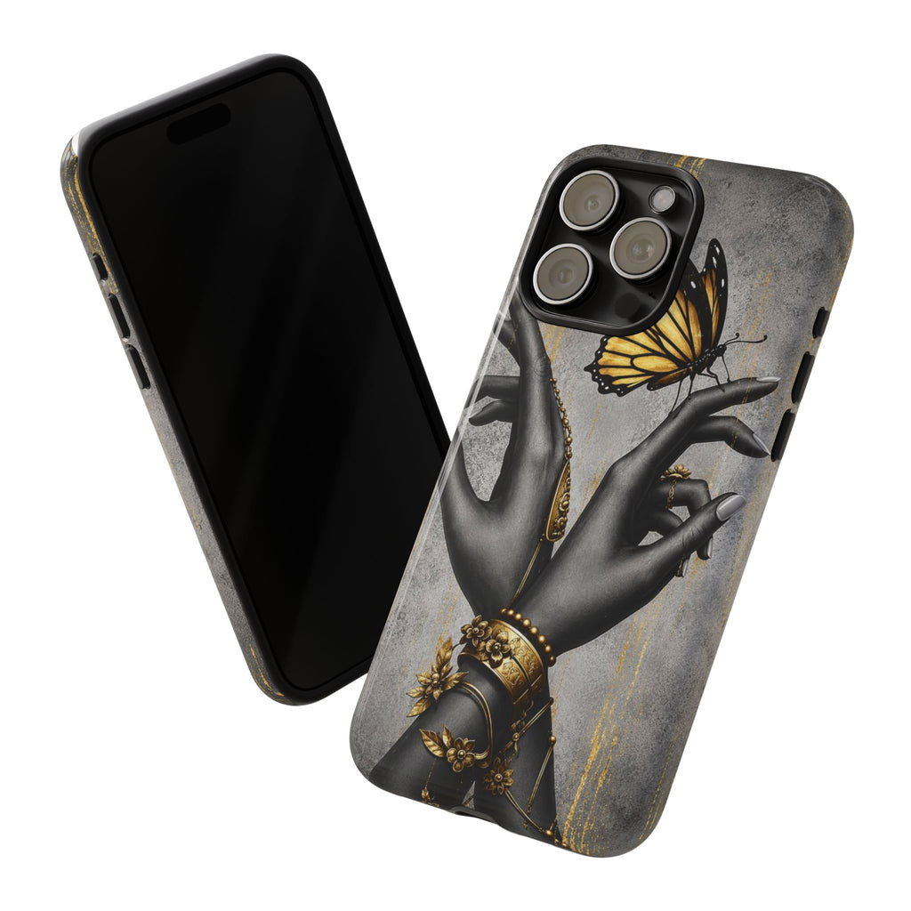 Artistic Black Hands & Golden Butterfly Phone Case – Protective Tough Case