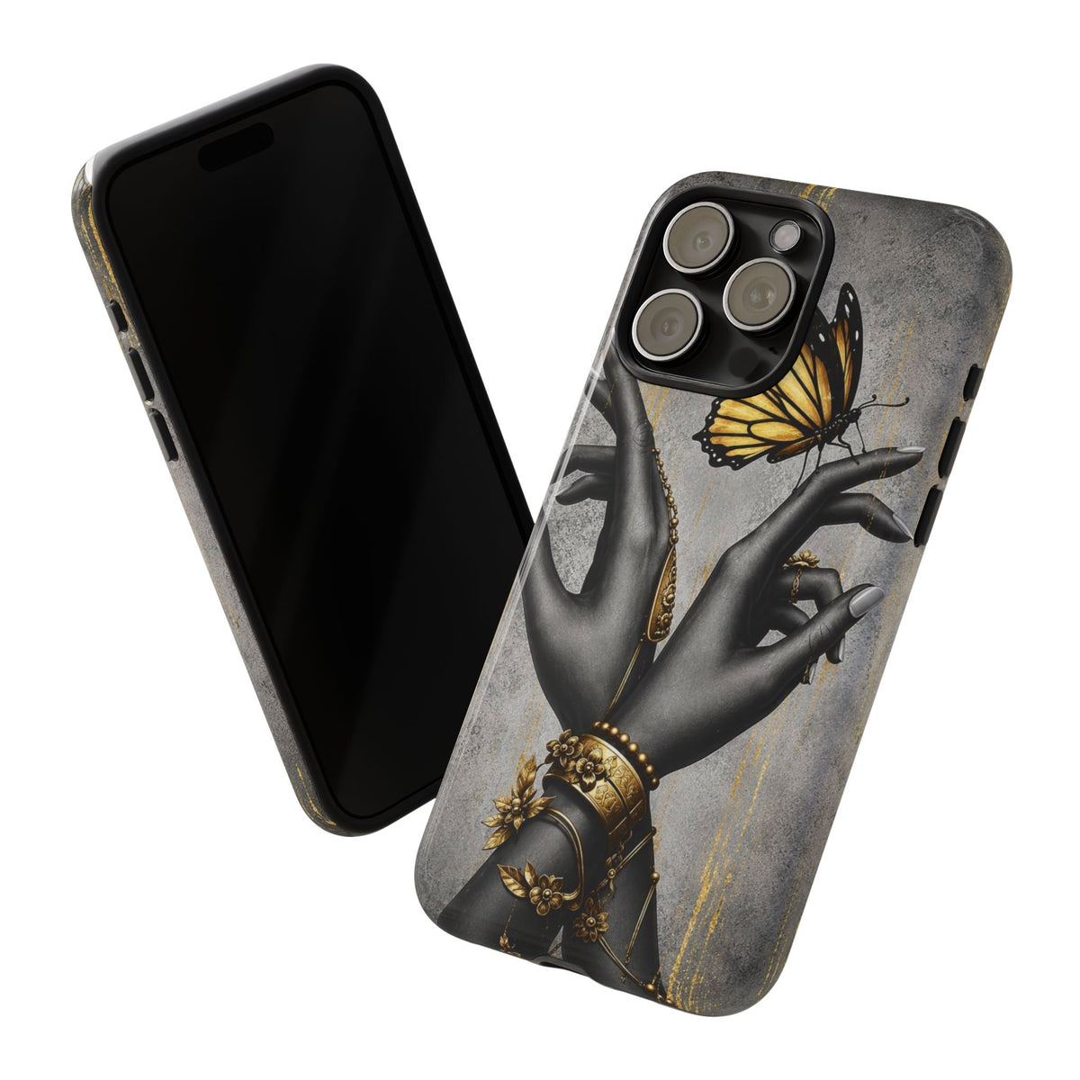 Artistic Black Hands & Golden Butterfly Phone Case – Protective Tough Case