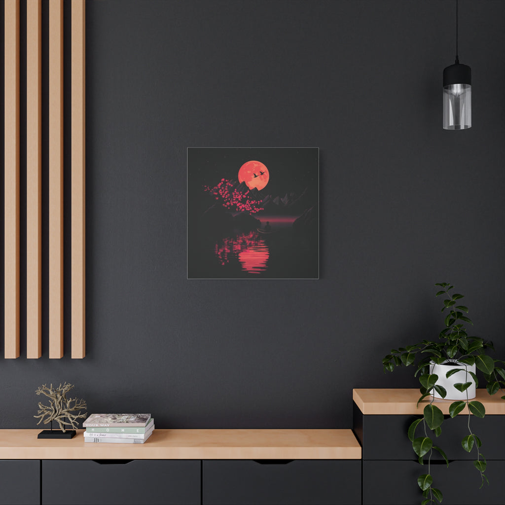 Moonlit Sakura Canvas Wall Art — Red Moon Reflection Matte Stretched Print
