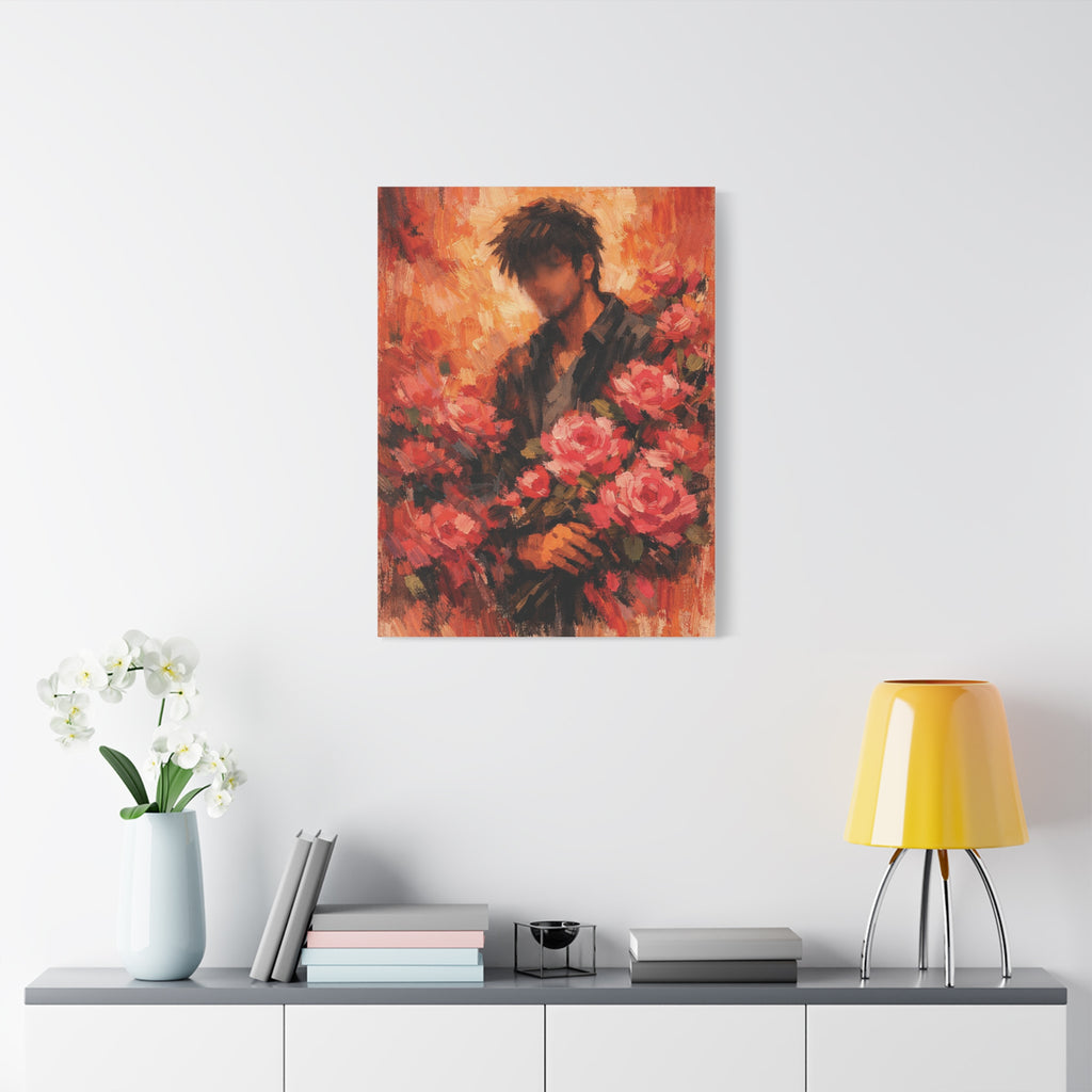 Man with Roses Painting Matte Canvas | Stretched Wall Art